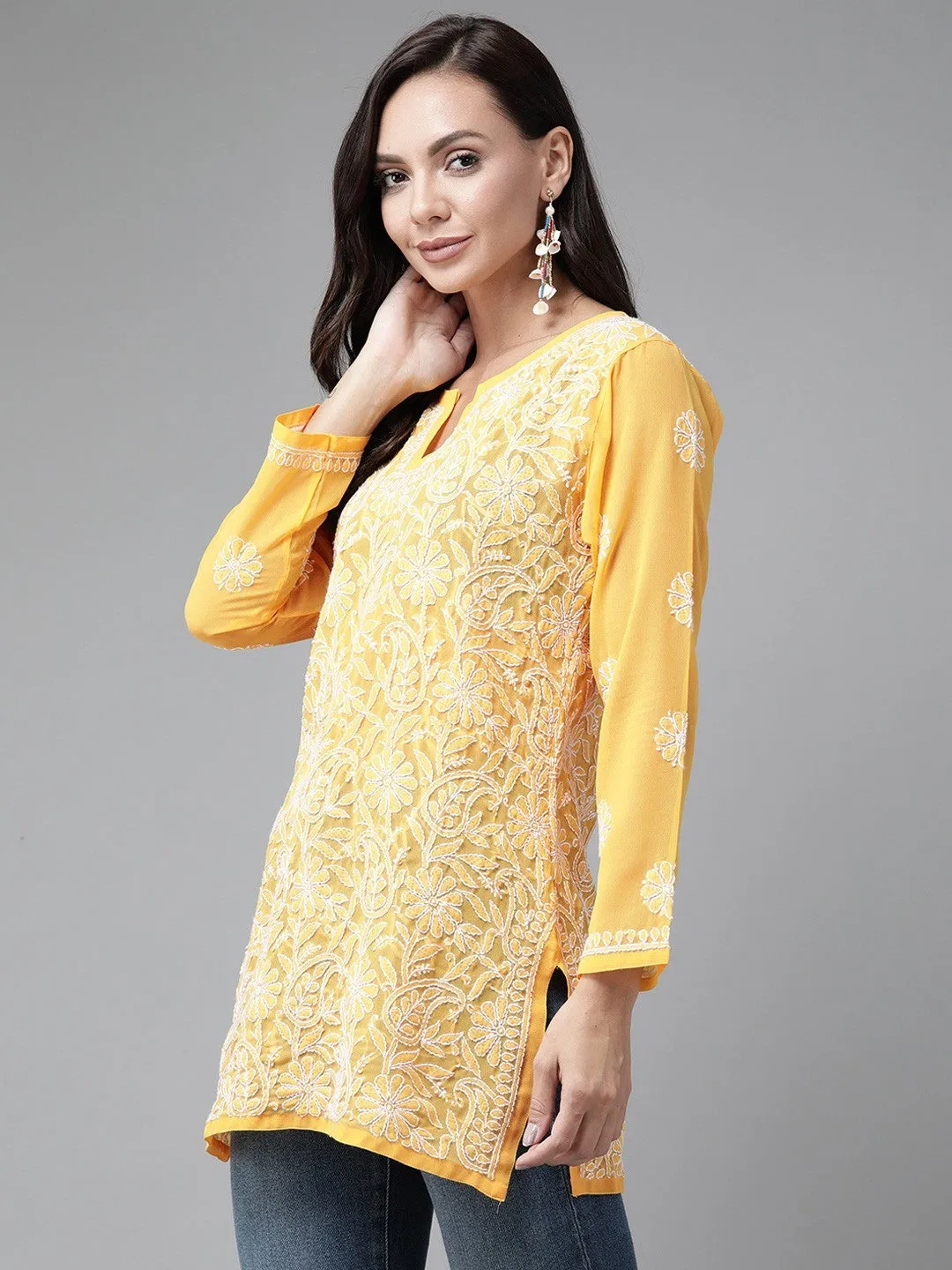 Amber Yellow Georgette Chikankari Tunic Kurta