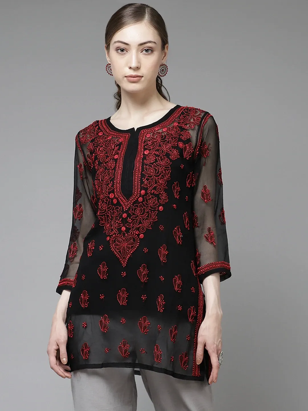 Black & Red Georgette Chikankari Tunic Top