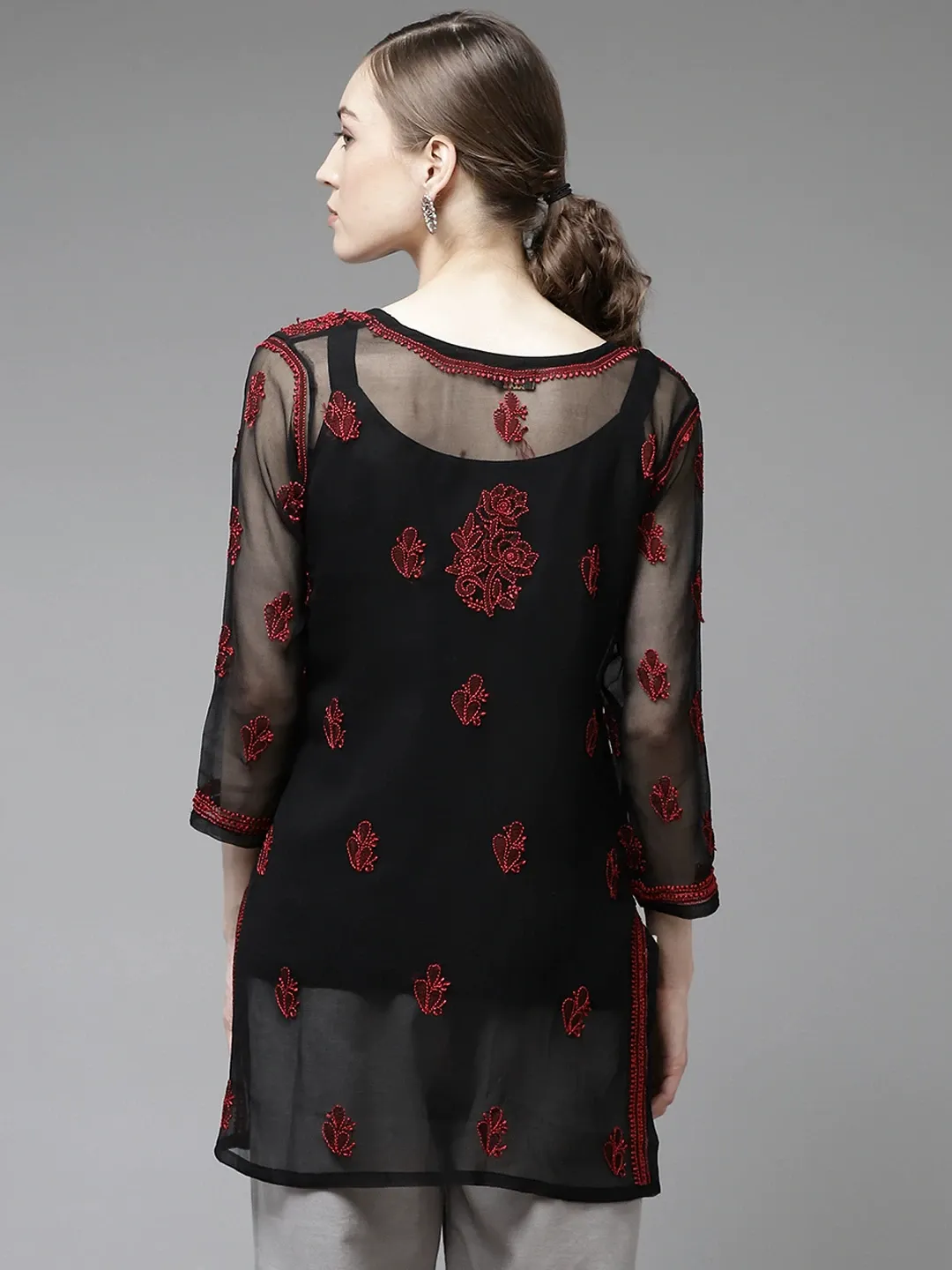 Black & Red Georgette Chikankari Tunic Top