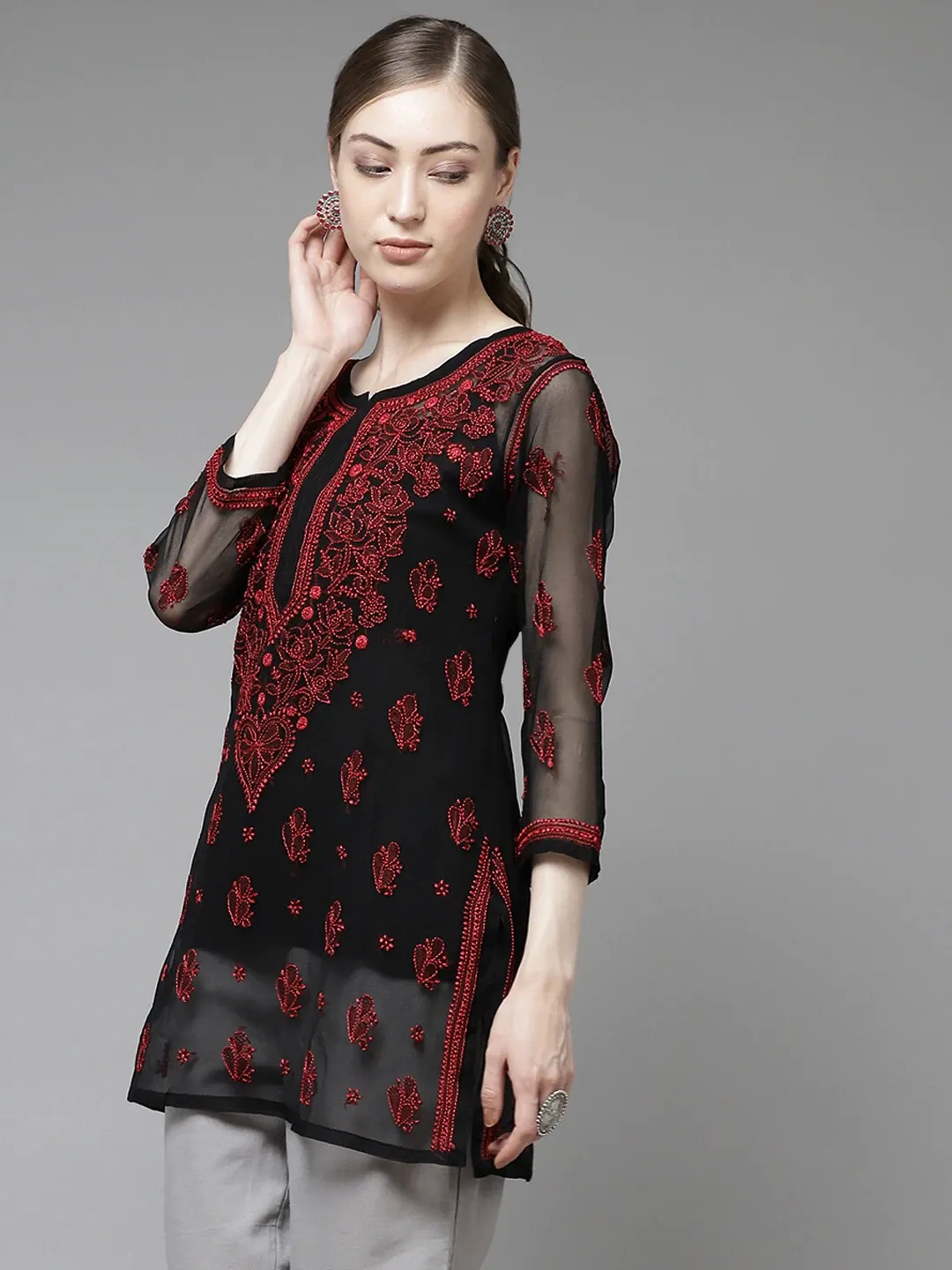 Black & Red Georgette Chikankari Tunic Top
