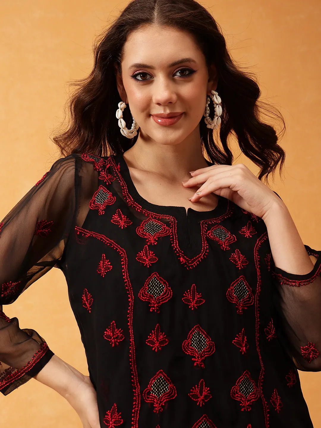 Black & Red Georgette Embroidery Chikankari Tunic With Slip