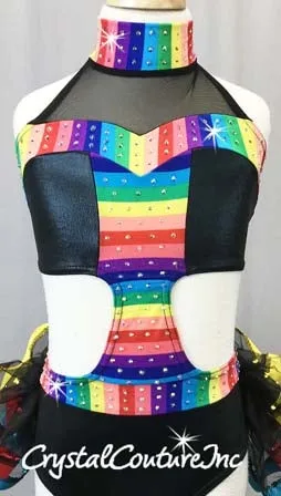 Black and Bright Stripe Connected 2 pc Bra Top and Briefs w/Bustle - Swarovski Rhinestones