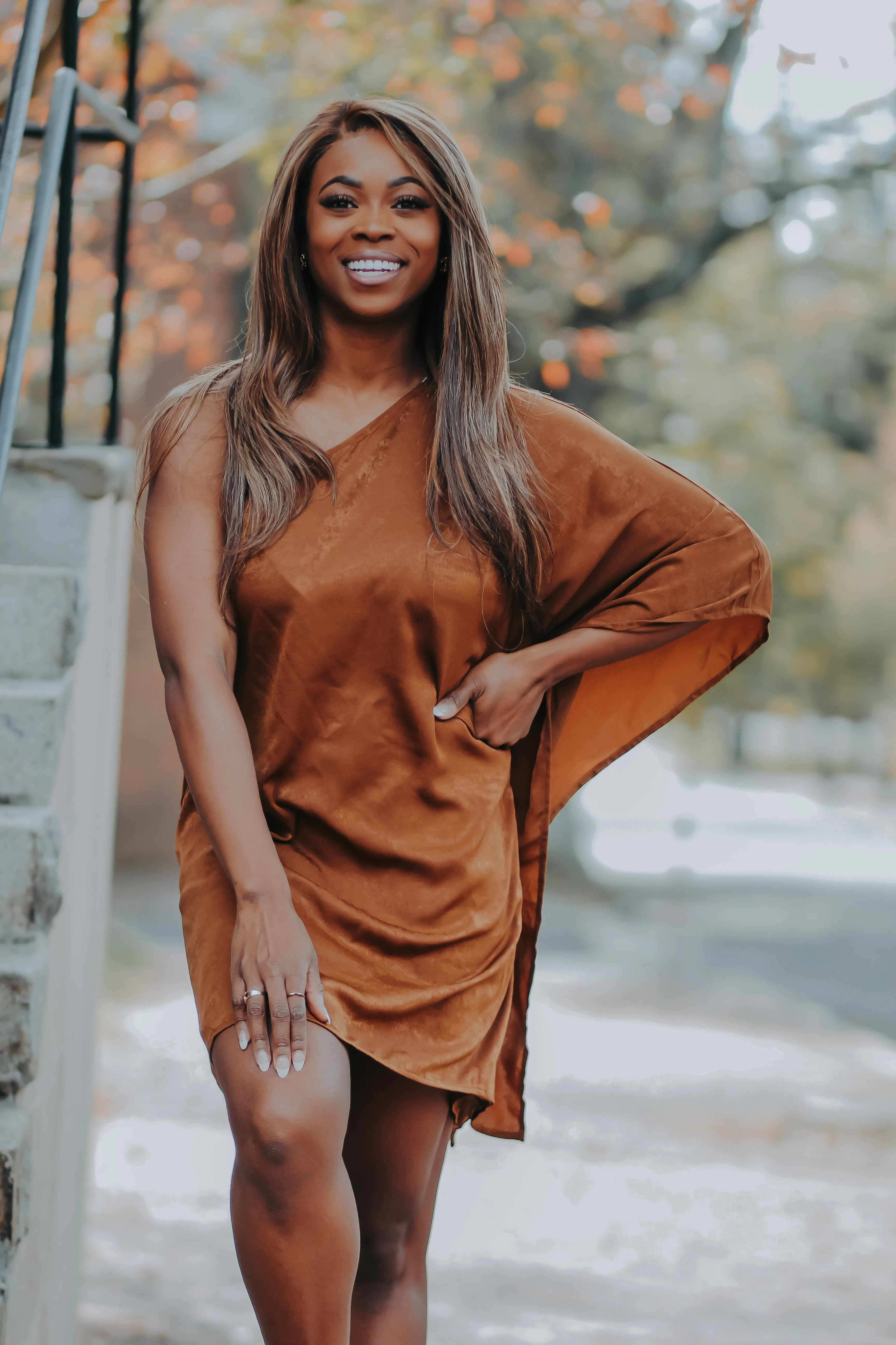 Brown One Shoulder Kimono Sleeve Mini Dress