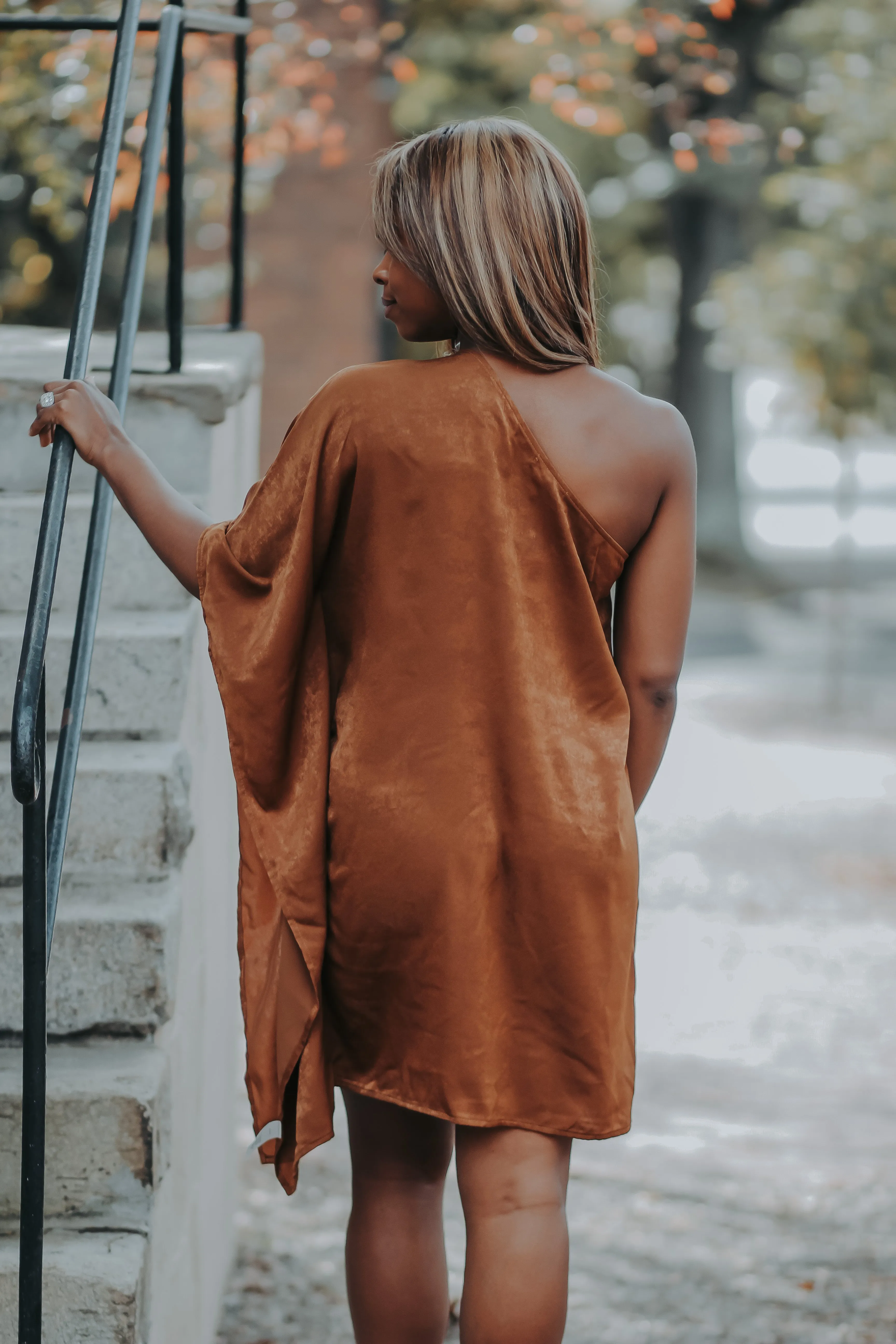 Brown One Shoulder Kimono Sleeve Mini Dress