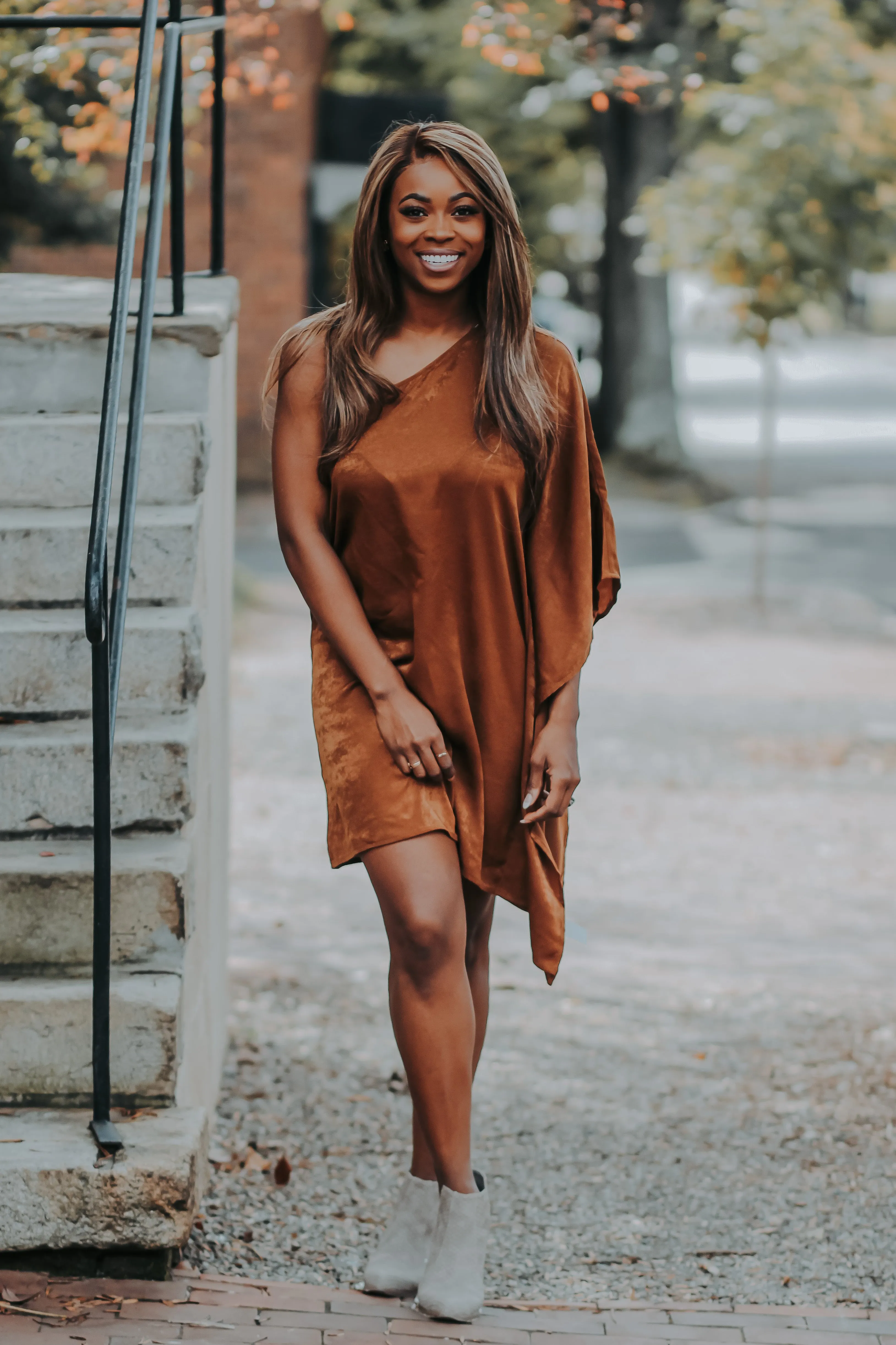 Brown One Shoulder Kimono Sleeve Mini Dress