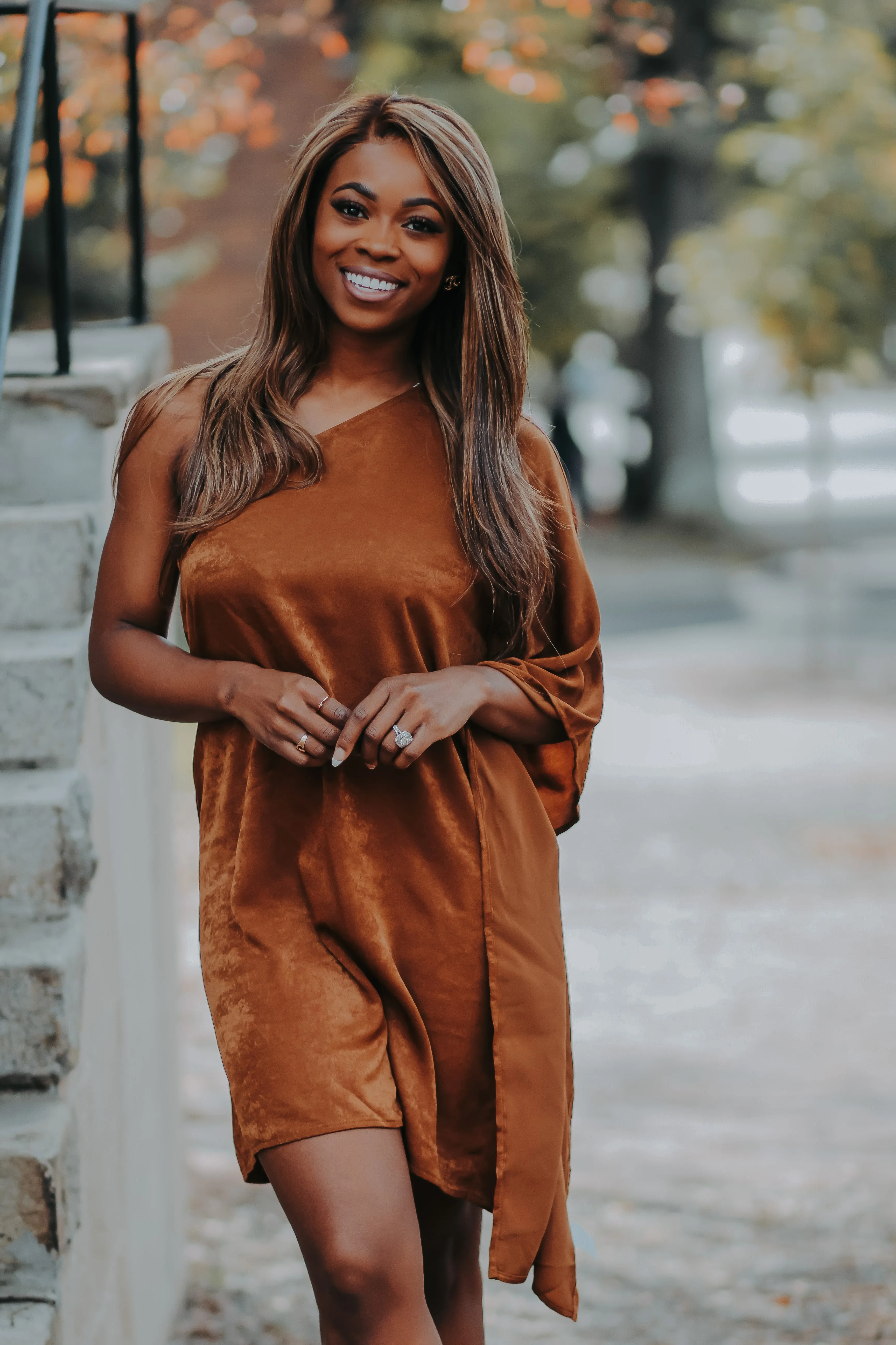 Brown One Shoulder Kimono Sleeve Mini Dress