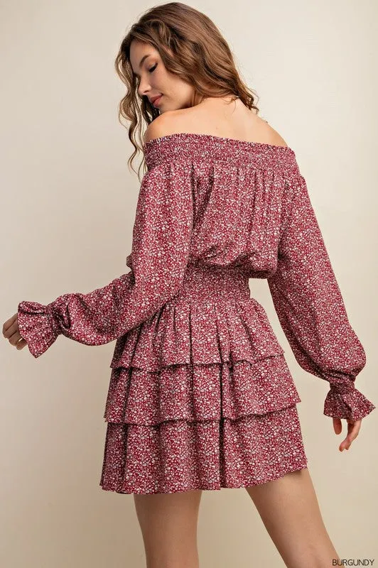 Burgundy Smocked Neckline Mini Dress With Tiered Layers