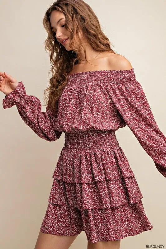 Burgundy Smocked Neckline Mini Dress With Tiered Layers