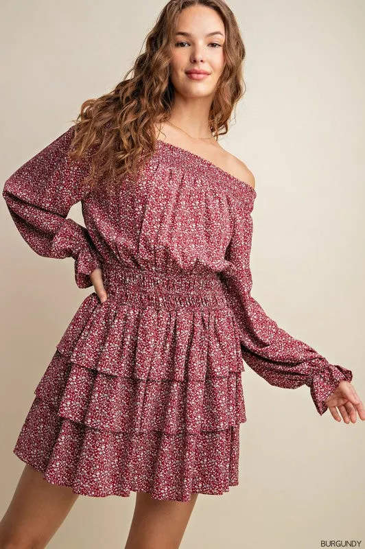 Burgundy Smocked Neckline Mini Dress With Tiered Layers