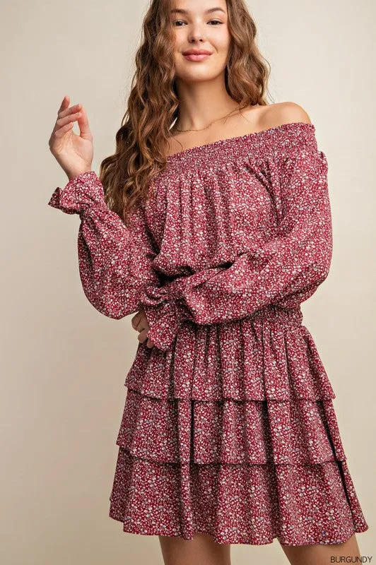 Burgundy Smocked Neckline Mini Dress With Tiered Layers