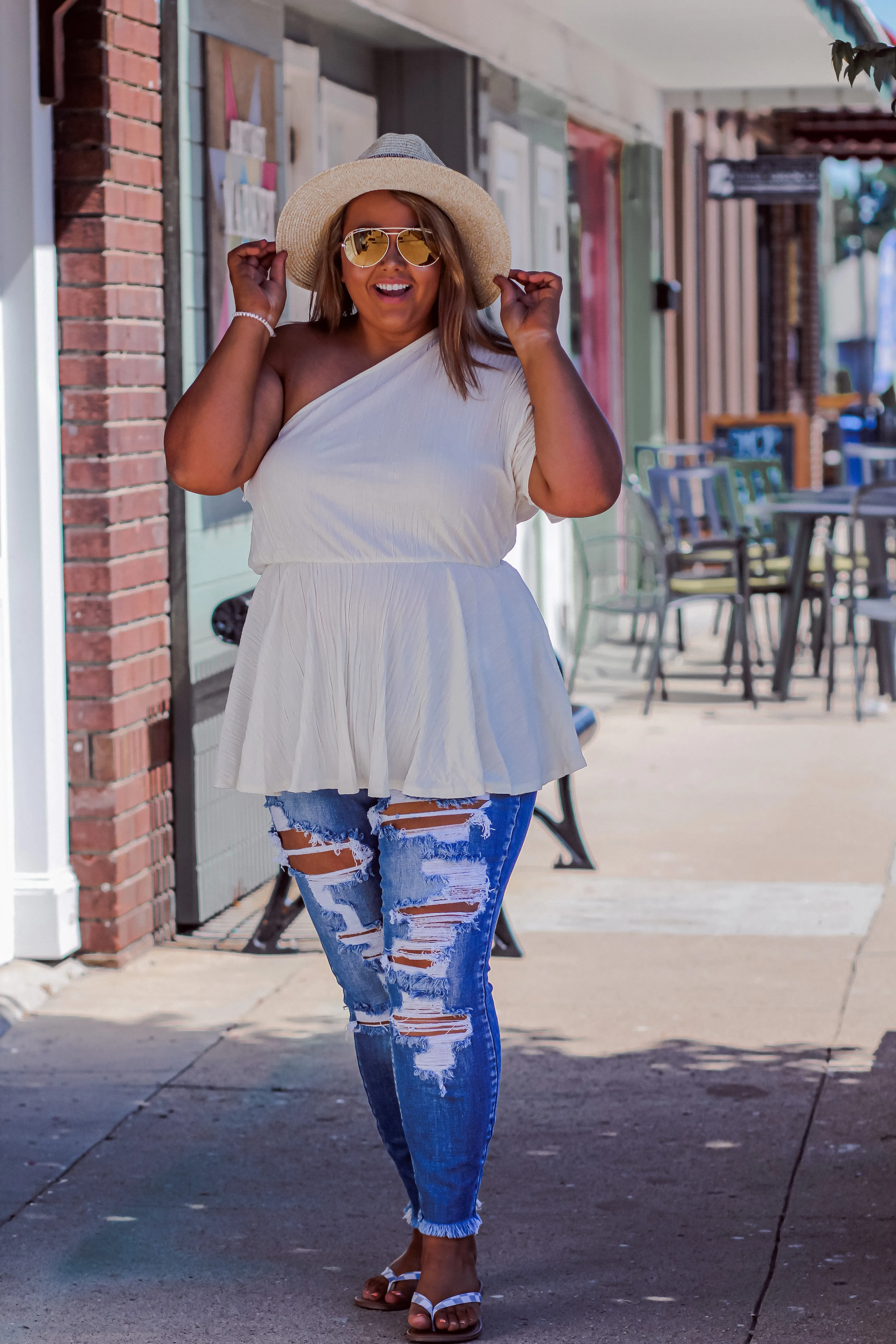 Cream Woven One Shoulder Blouse in Regular & Curvy