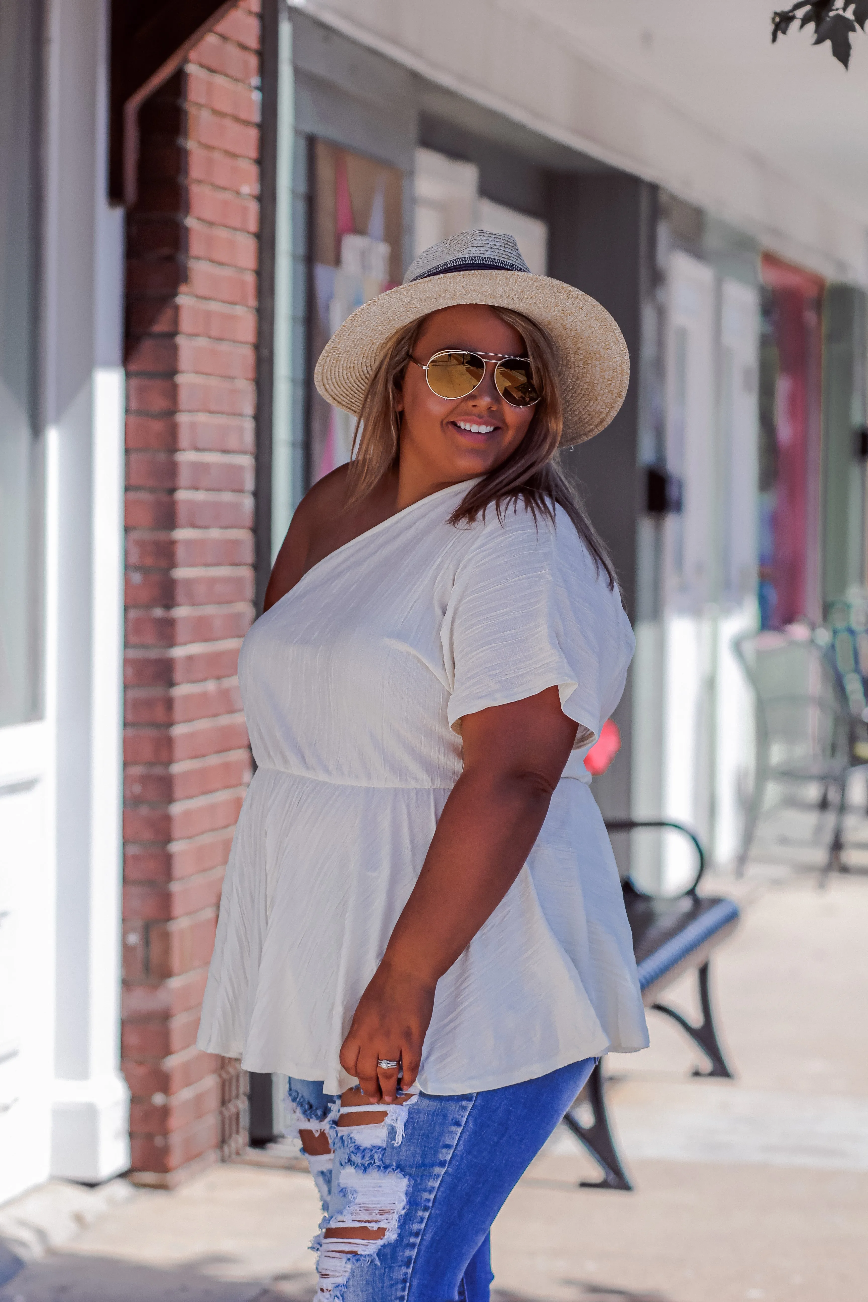 Cream Woven One Shoulder Blouse in Regular & Curvy