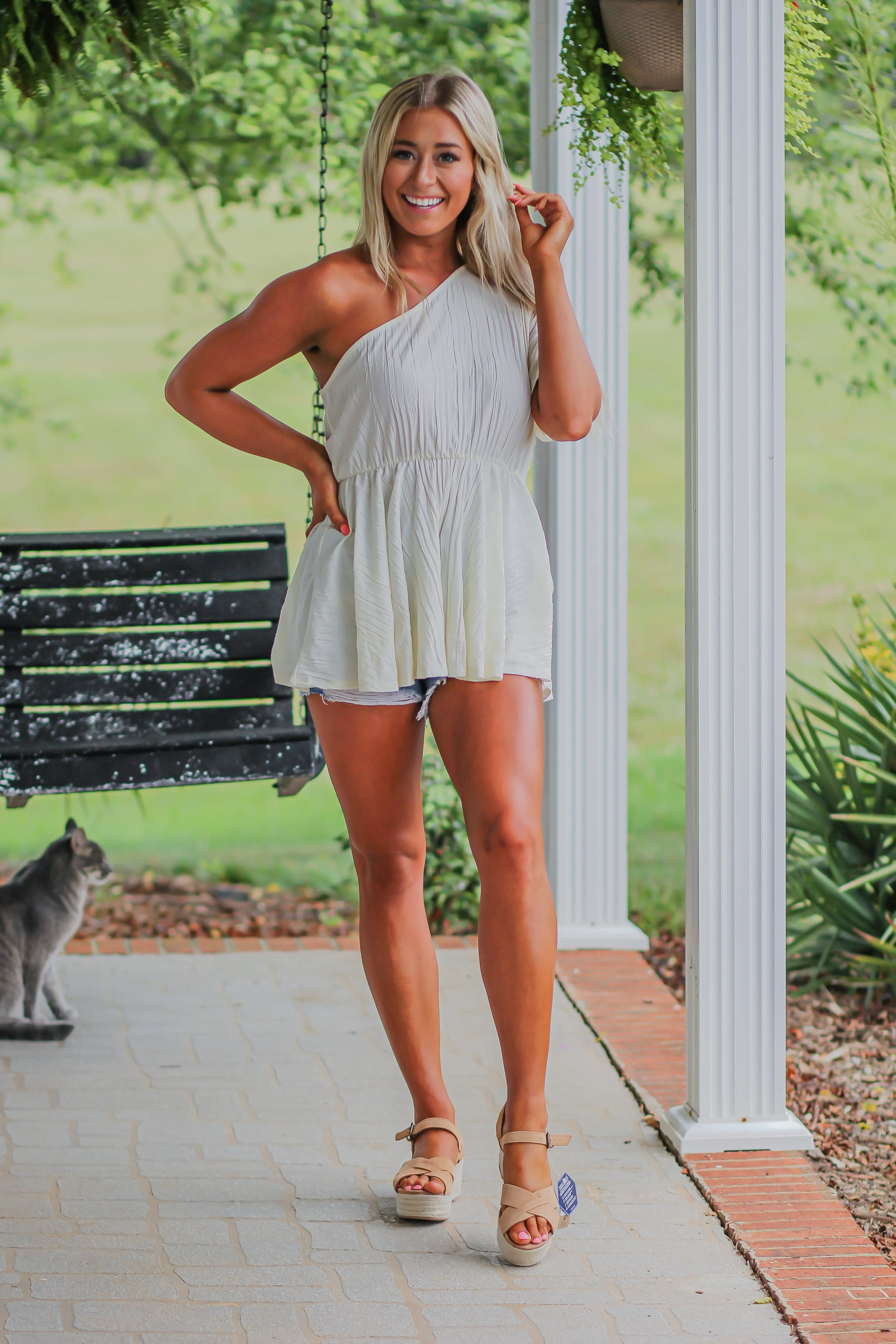 Cream Woven One Shoulder Blouse in Regular & Curvy