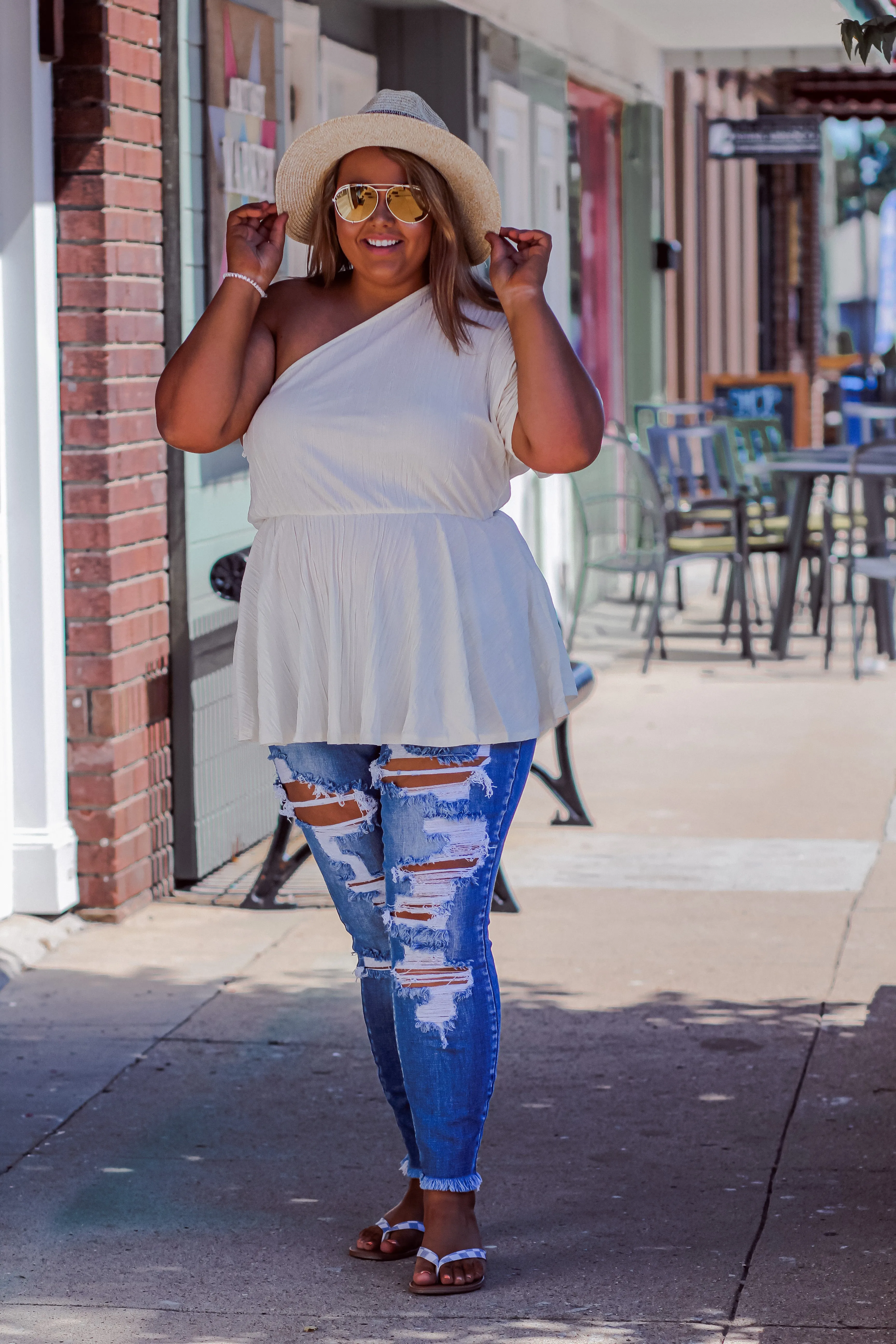 Cream Woven One Shoulder Blouse in Regular & Curvy