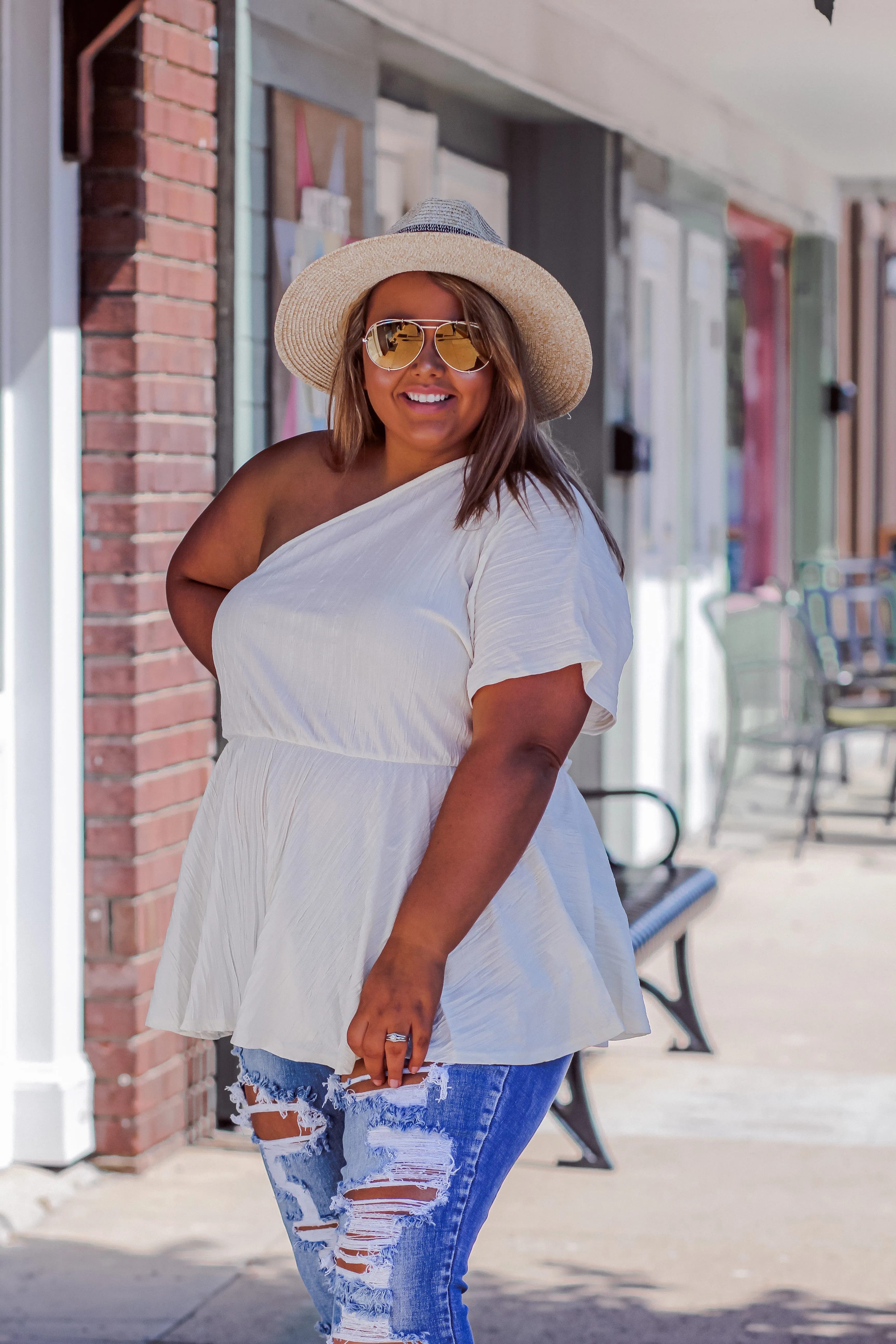 Cream Woven One Shoulder Blouse in Regular & Curvy
