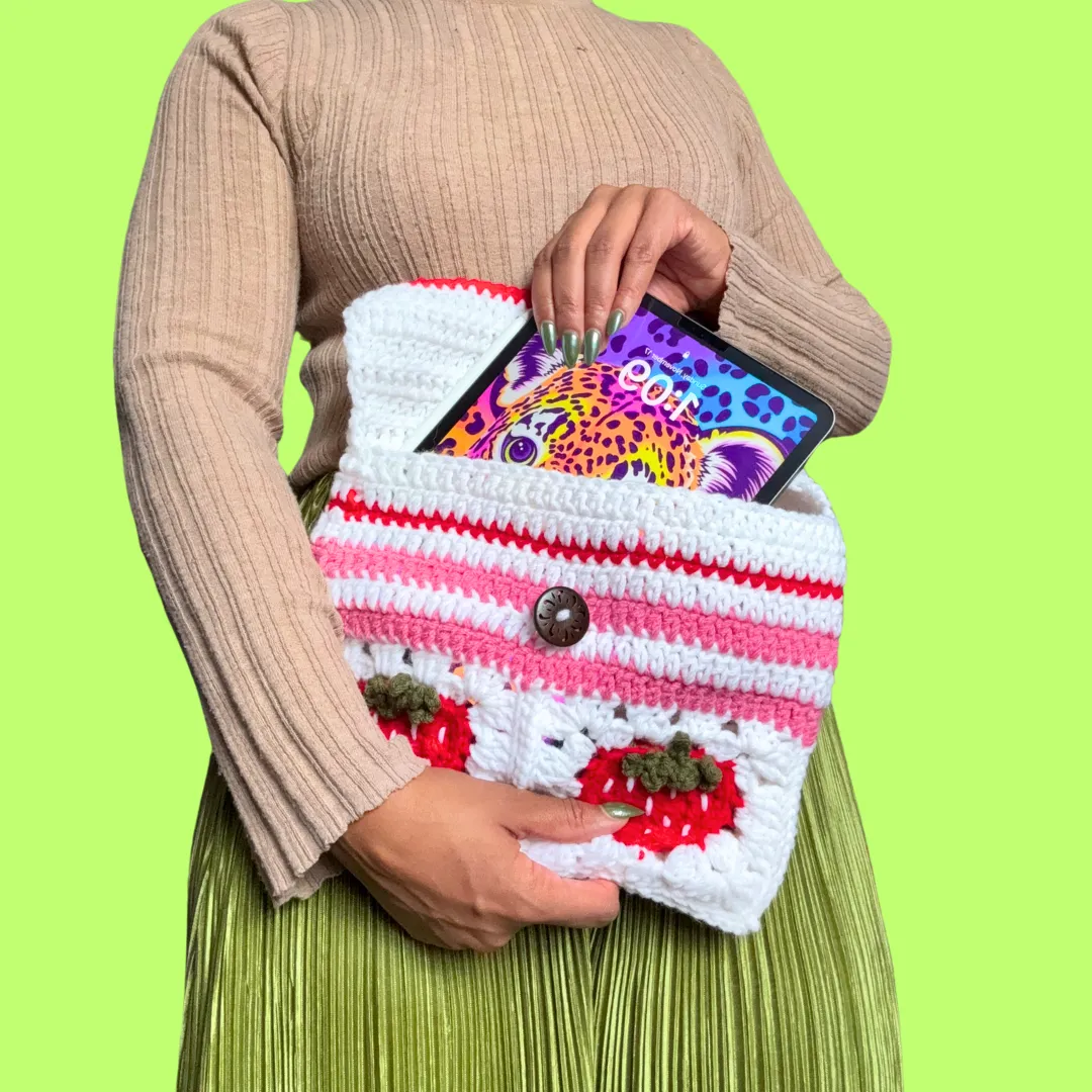 Dainty Strawberry Large Crochet Tablet/Book Sleeve