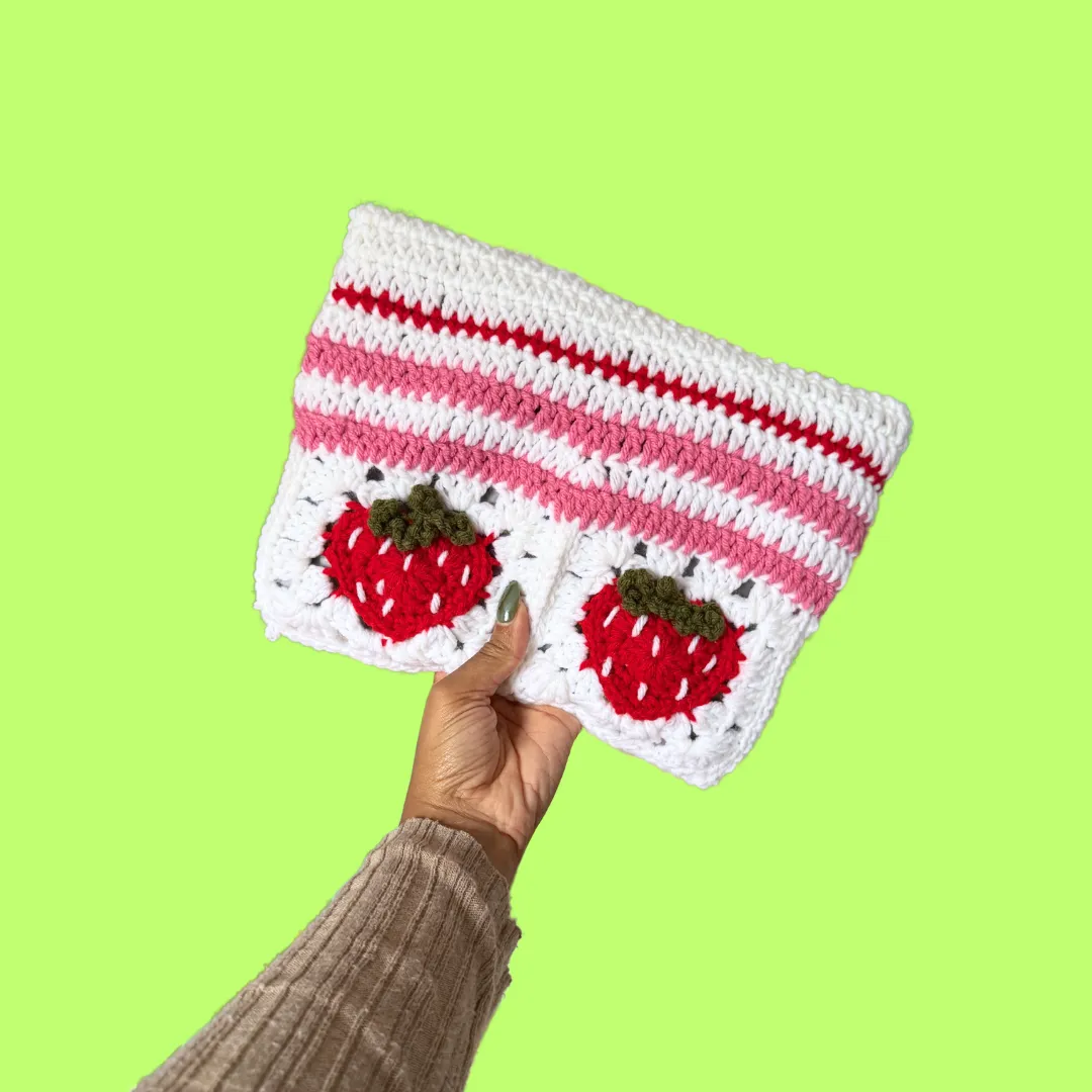 Dainty Strawberry Large Crochet Tablet/Book Sleeve