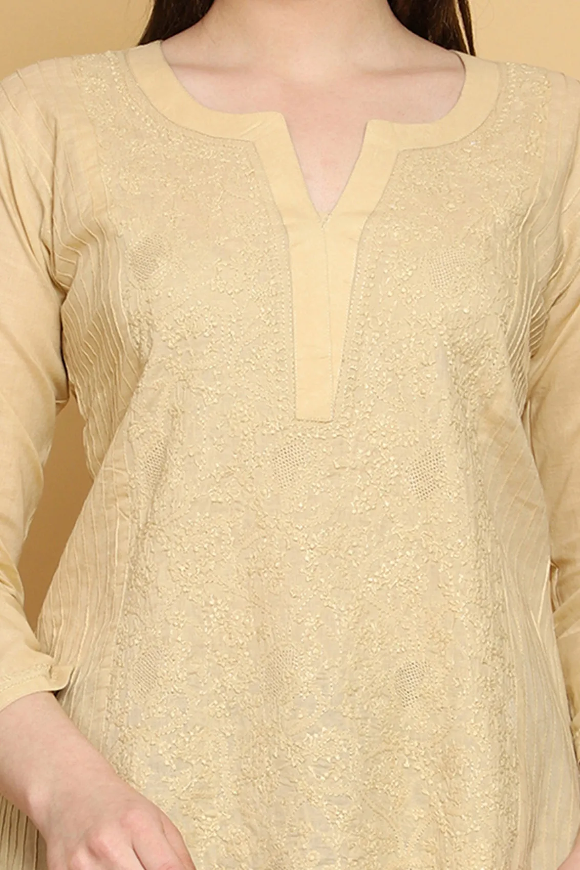 Fawn Hand Embroidered Chikankari Side-Pleated Tunic Top