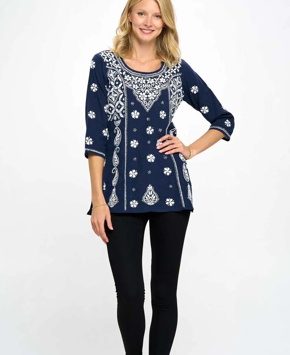 Floral Embroidered Navy Blue Cotton Tunic