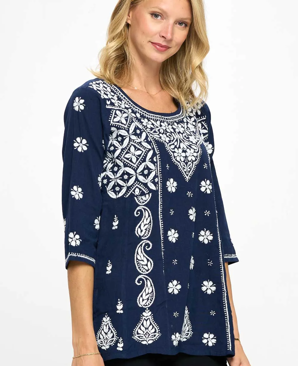 Floral Embroidered Navy Blue Cotton Tunic