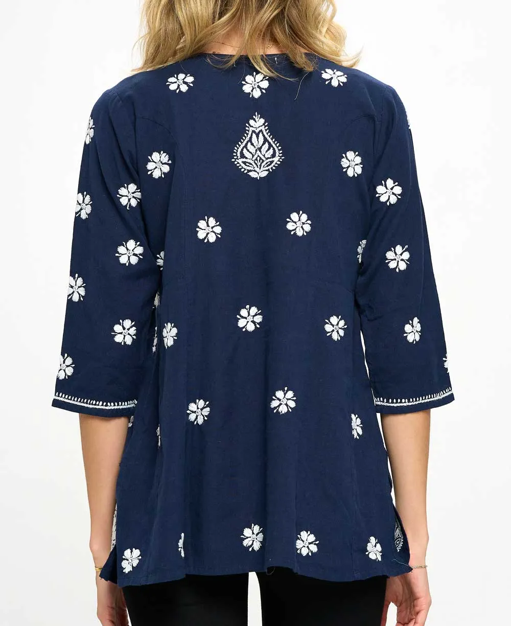 Floral Embroidered Navy Blue Cotton Tunic