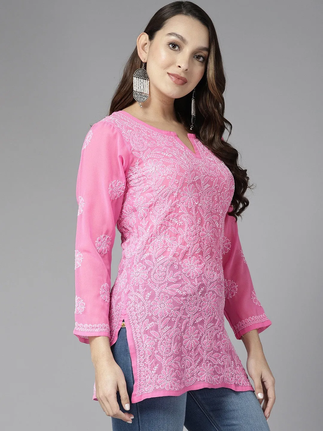 French Pink Georgette Chikankari Tunic Kurta
