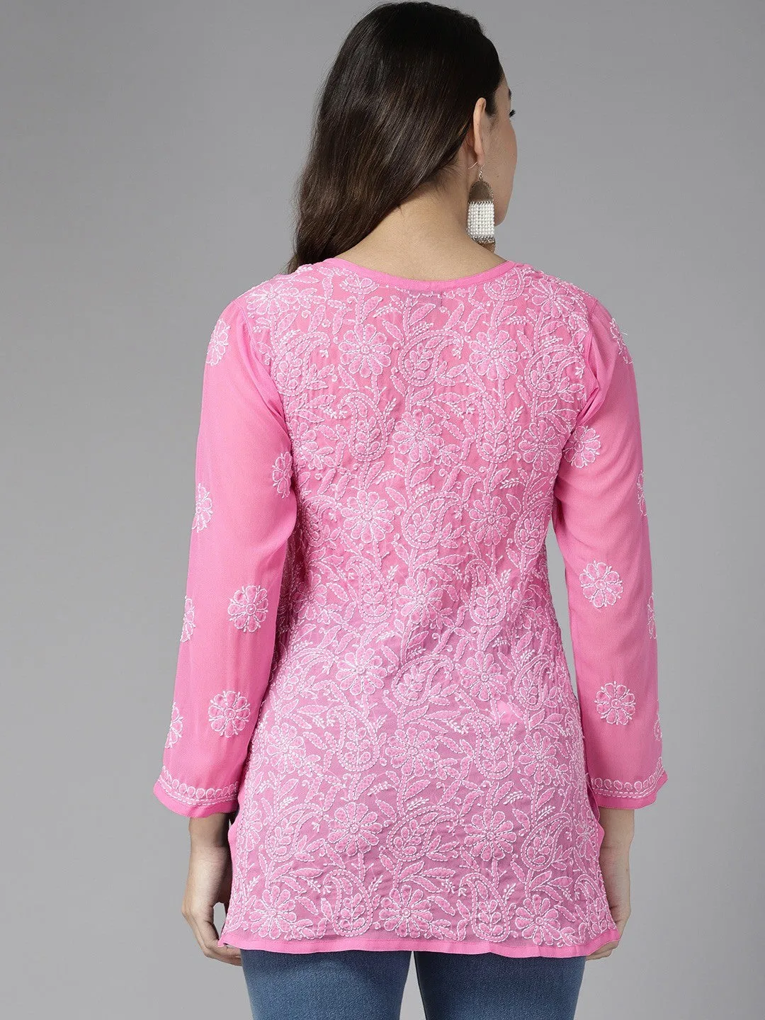 French Pink Georgette Chikankari Tunic Kurta