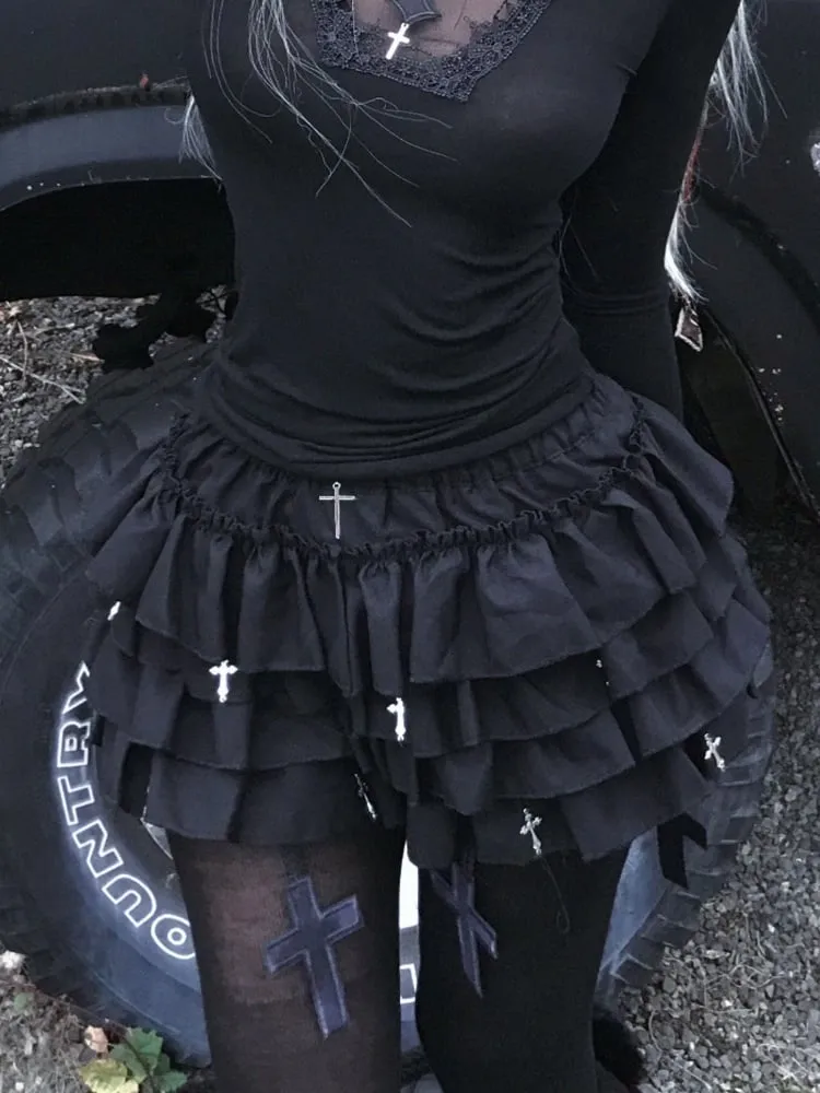 Gothic Black Cross Charms Tiered Ruffles Skort