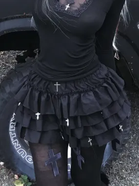 Gothic Black Cross Charms Tiered Ruffles Skort