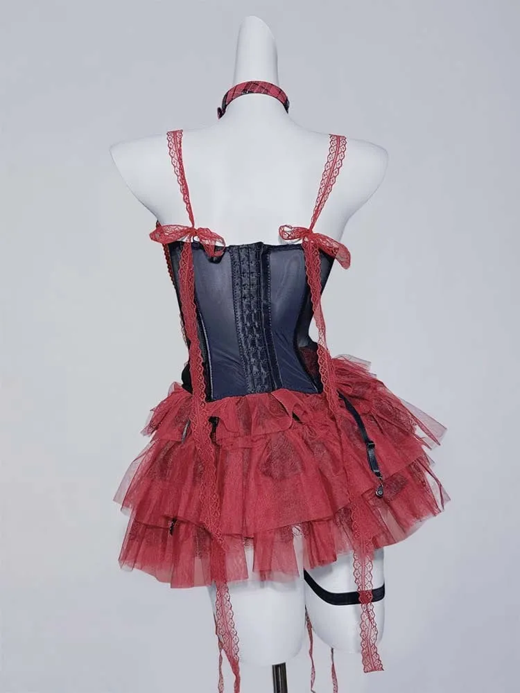 Gothic Black&Red Lace Tiered Skirt
