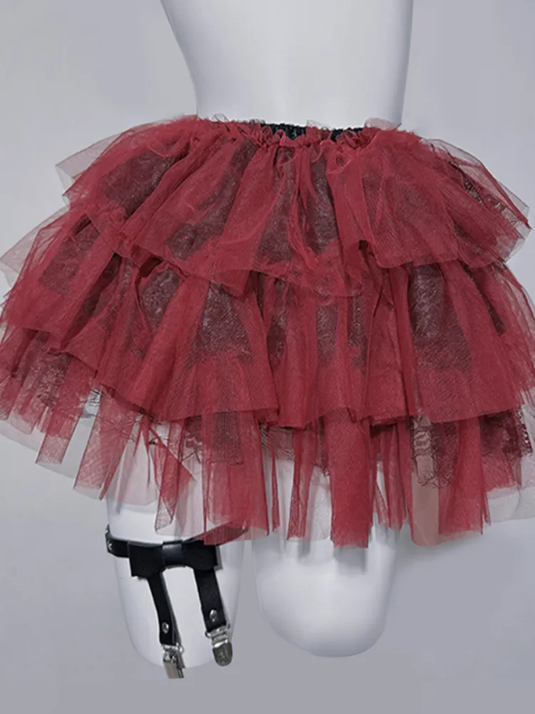 Gothic Black&Red Lace Tiered Skirt