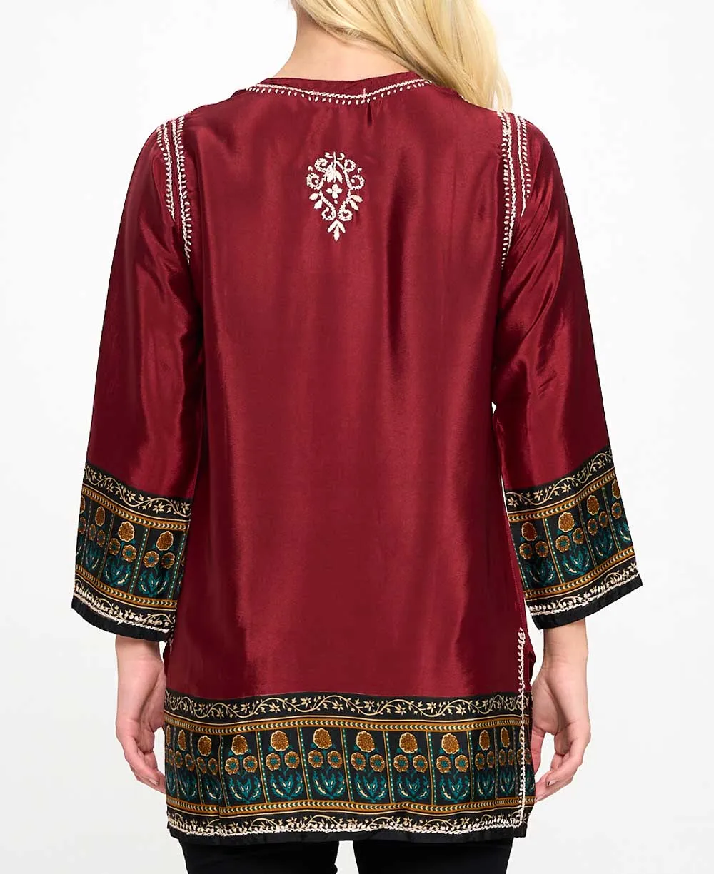 Hand-Embroidered Burgundy Tunic Top