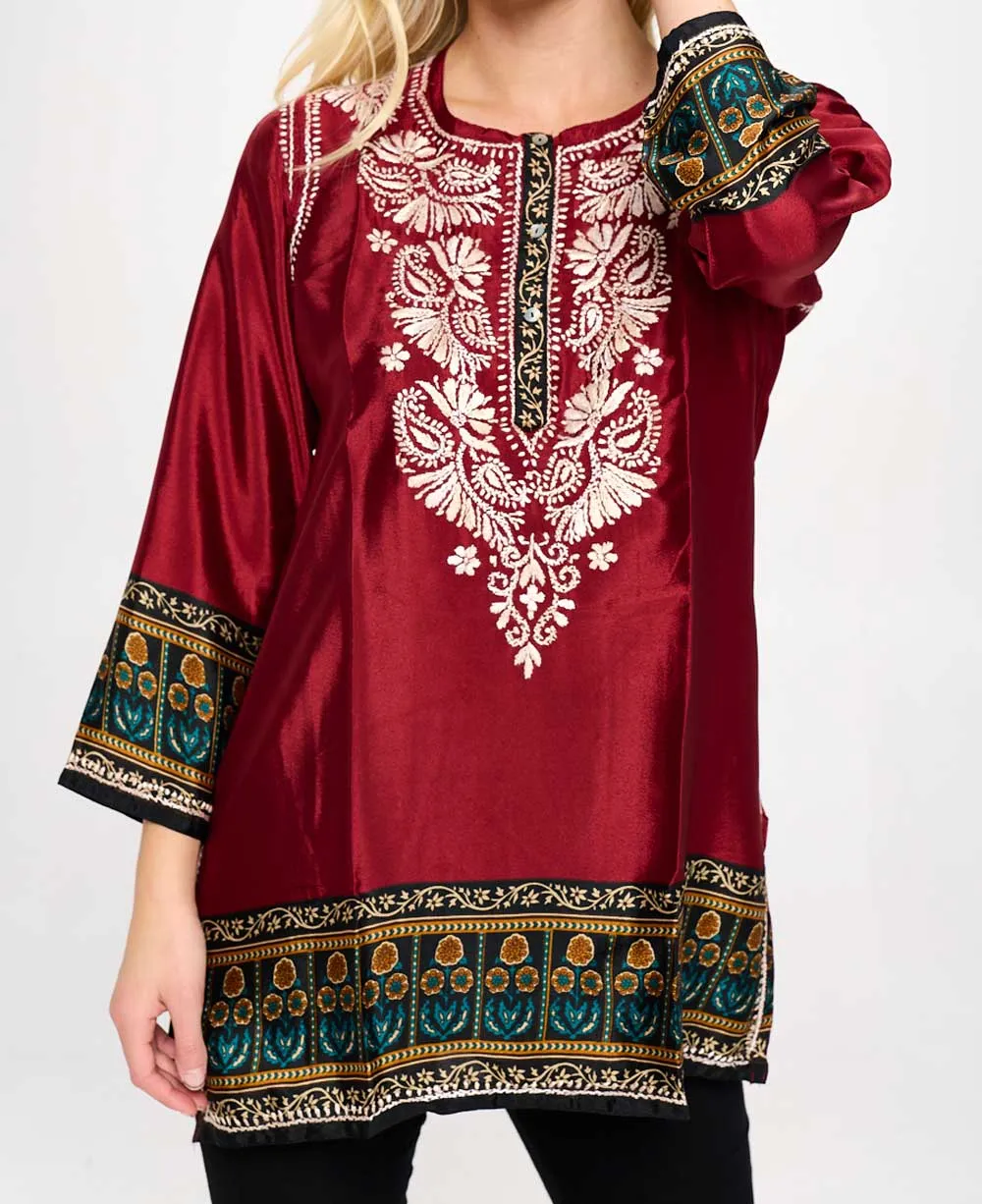 Hand-Embroidered Burgundy Tunic Top