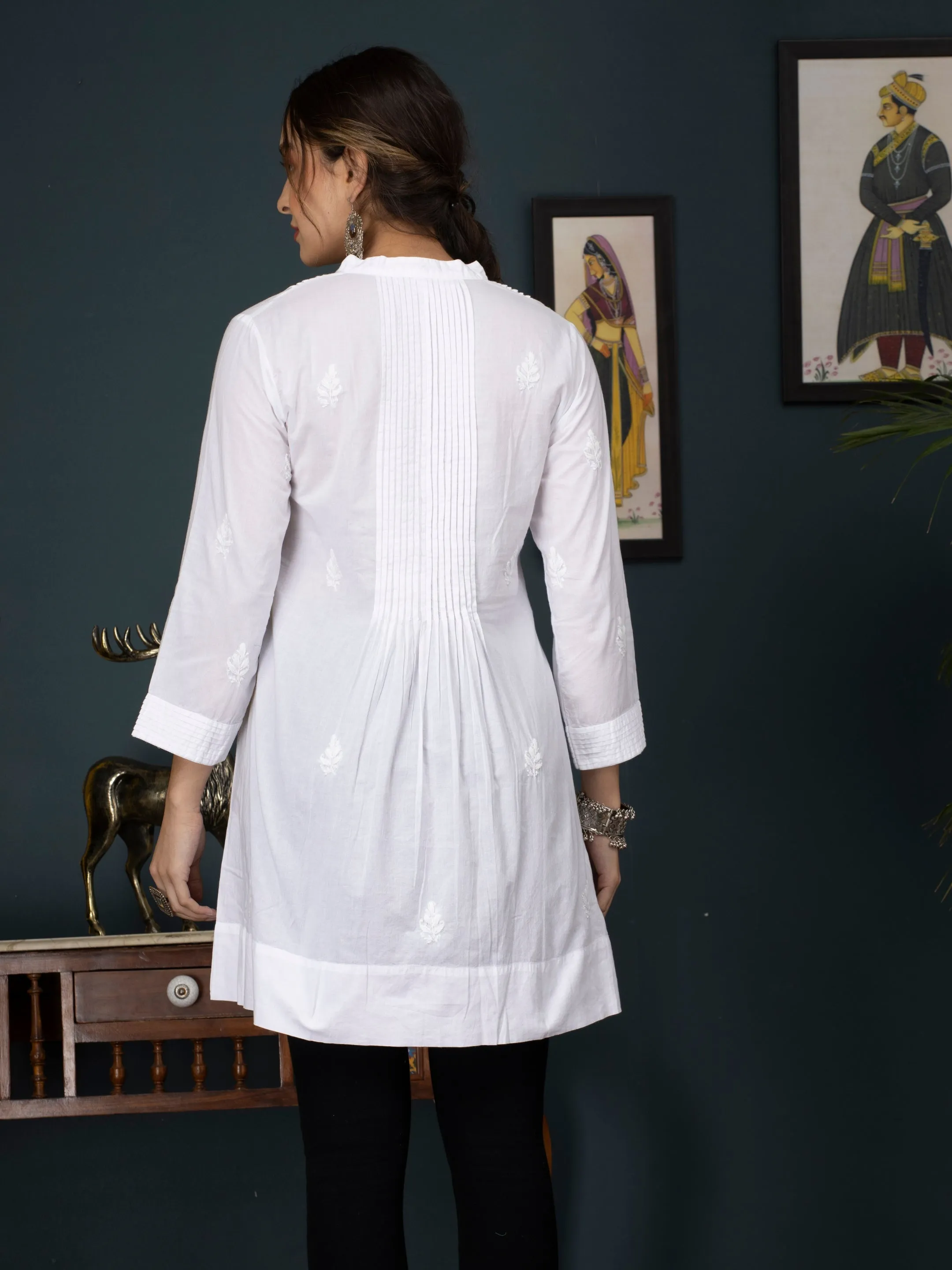Hand Embroidered Women White Chikankari Cotton Tunic-PC1825