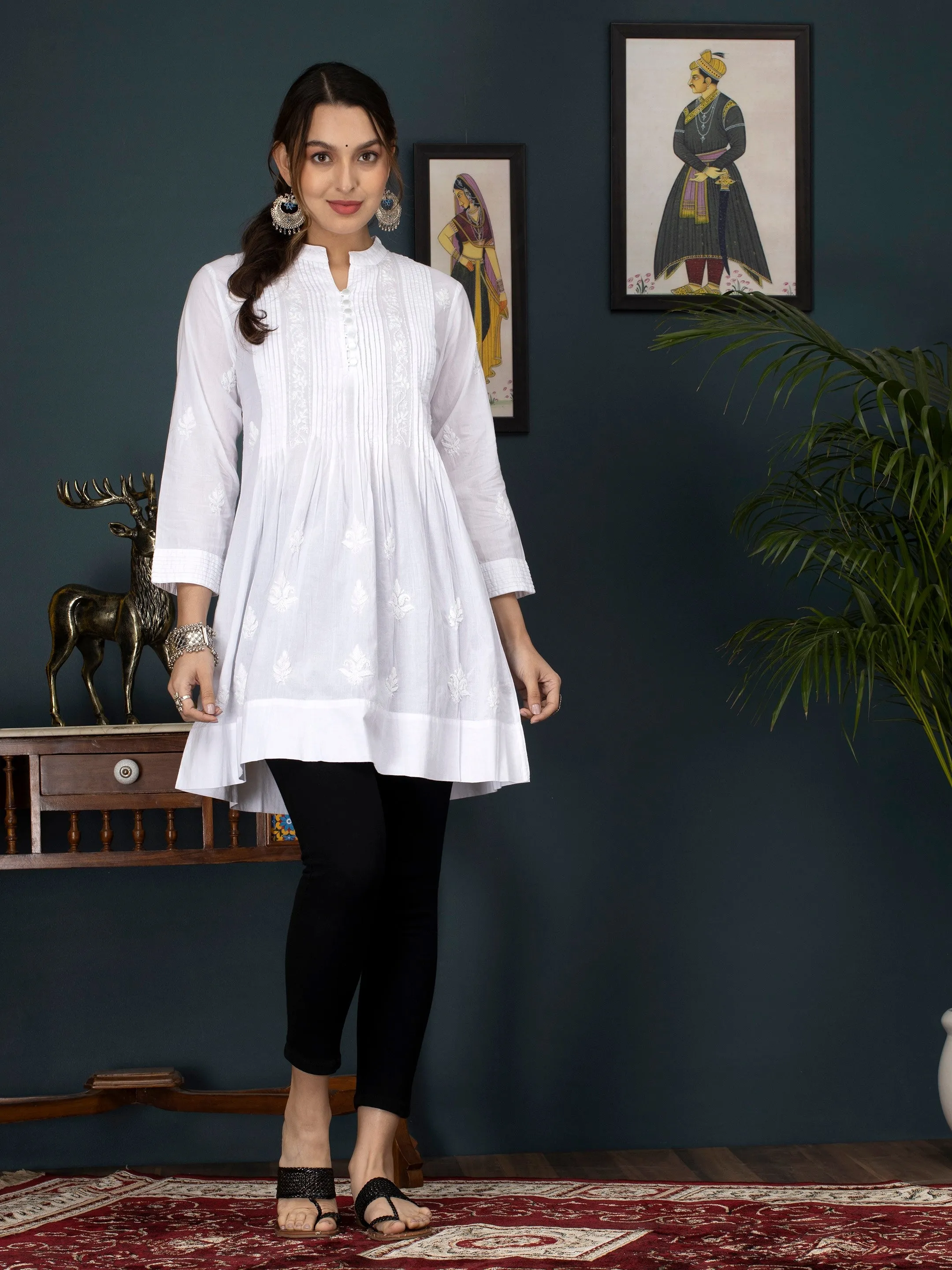 Hand Embroidered Women White Chikankari Cotton Tunic-PC1825
