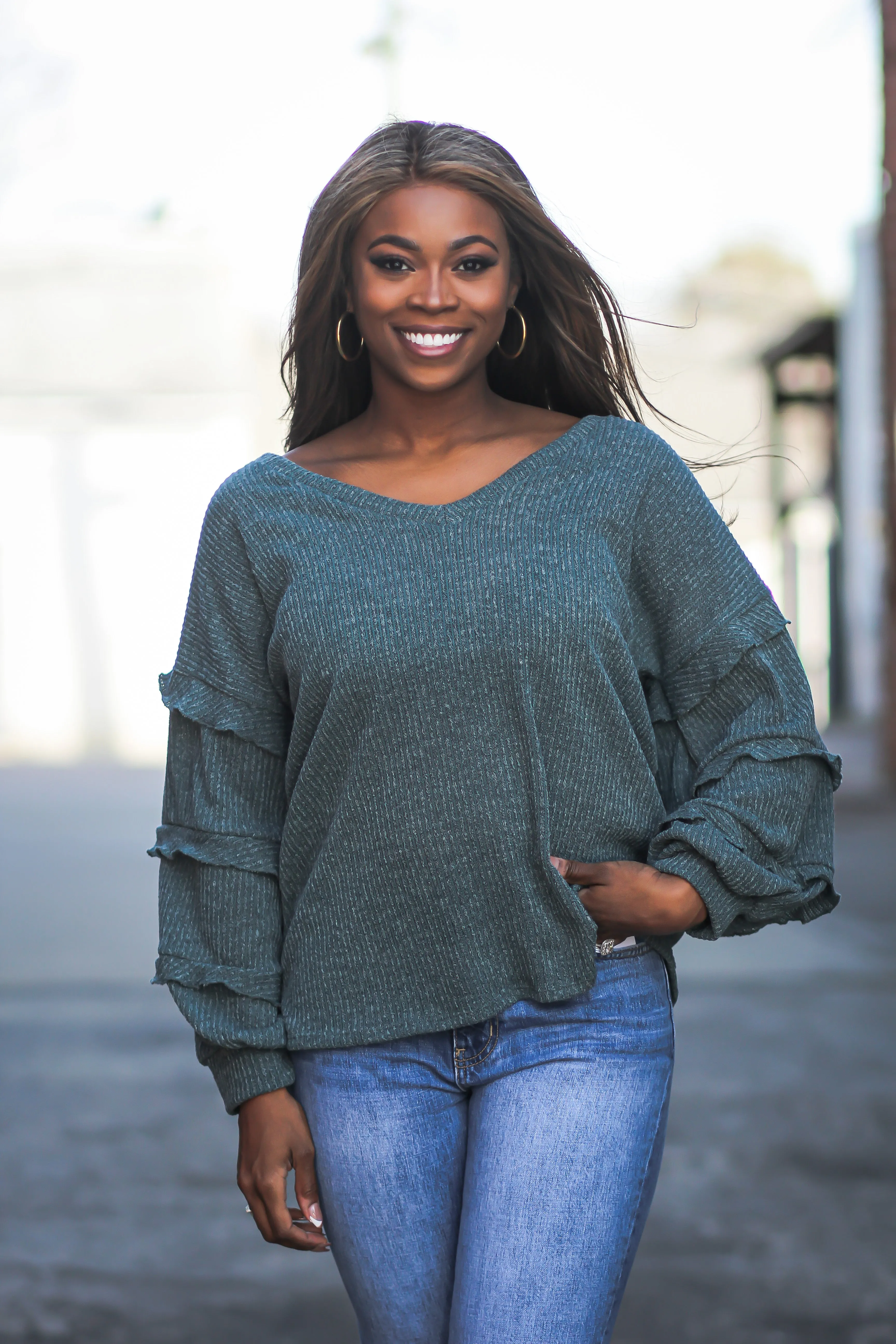Hunter Green Tiered Bubble Sleeve Top