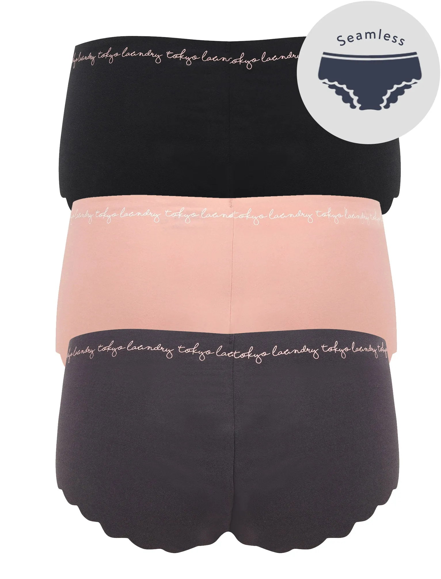 Leisha (3 Pack) Scallop Trim No VPL Seam Free Assorted Briefs In Black / Pink / Nine Iron - Tokyo Laundry