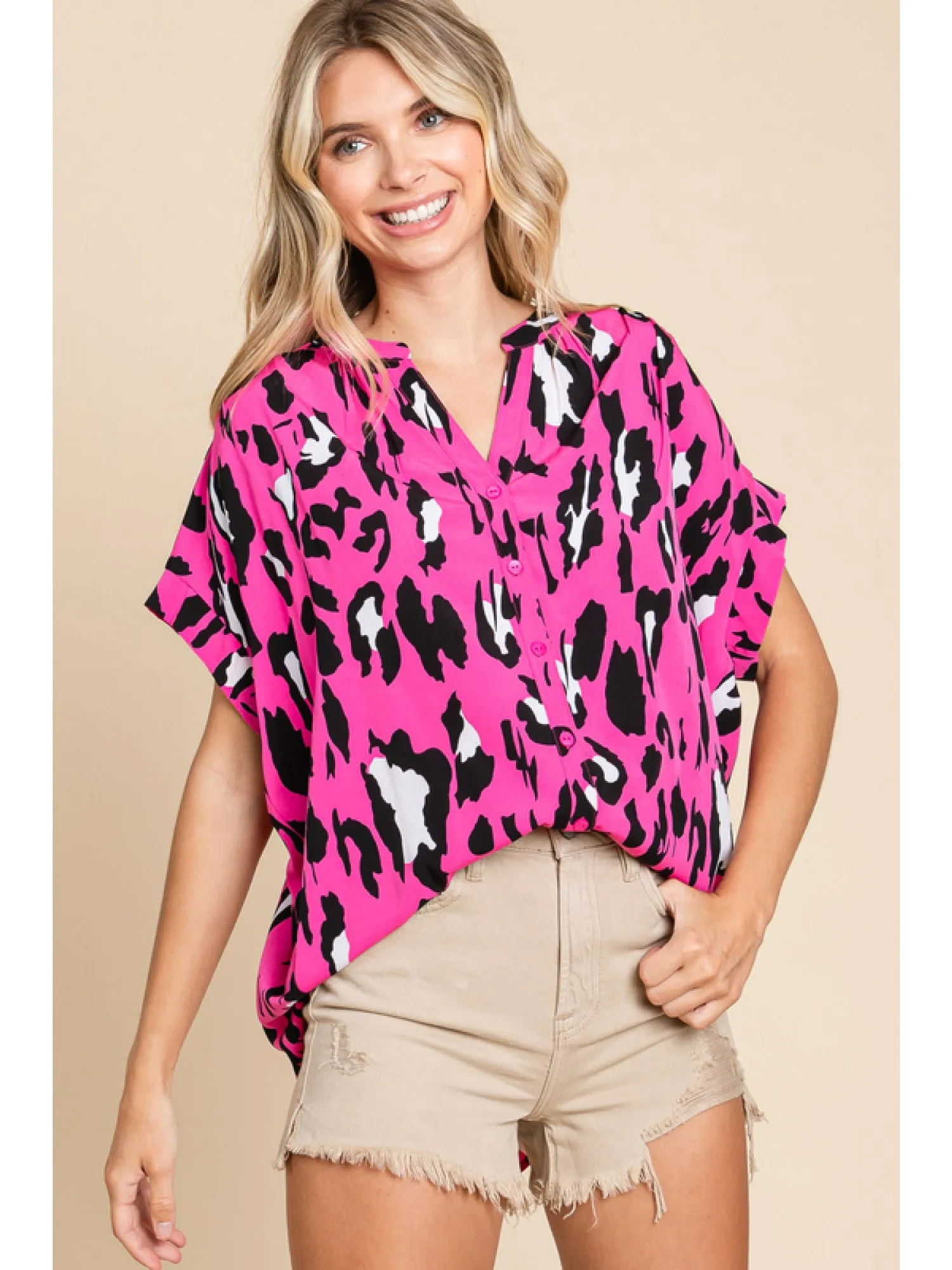 Leopard Print Short Sleeve U-neck Top