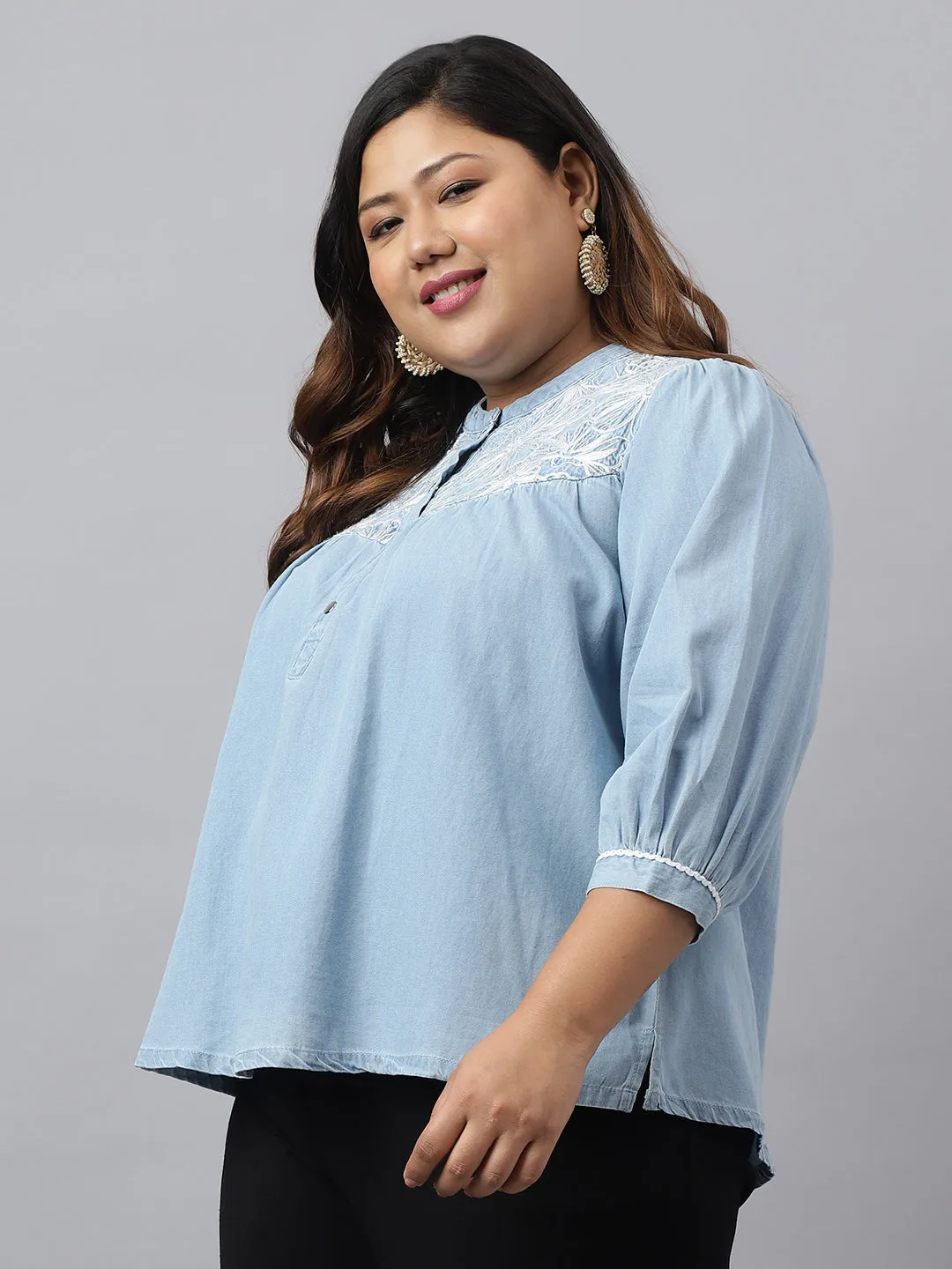 Light Blue Denim Embroidered Tunic