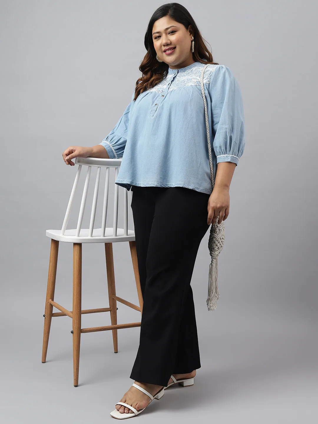 Light Blue Denim Embroidered Tunic
