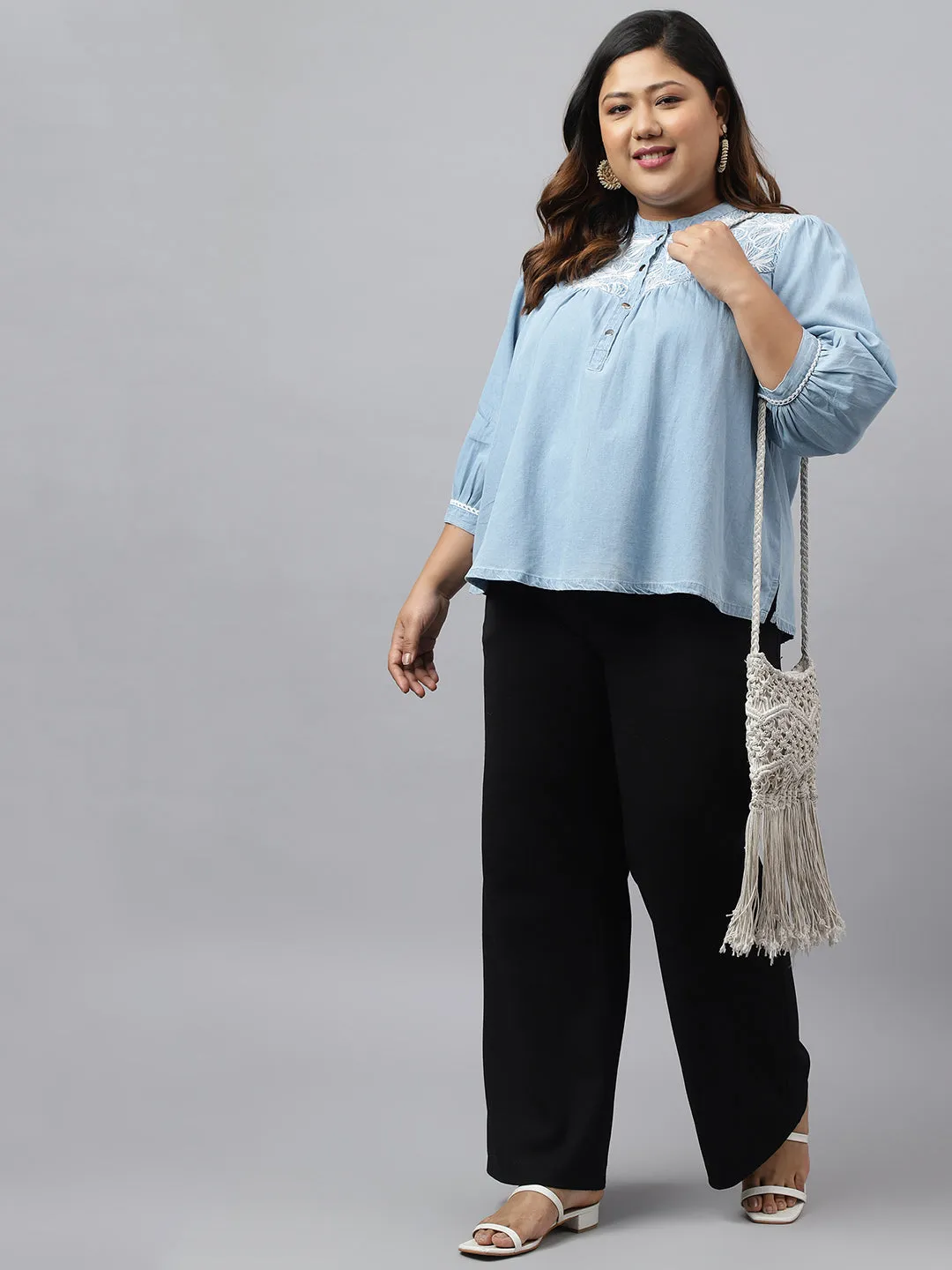 Light Blue Denim Embroidered Tunic
