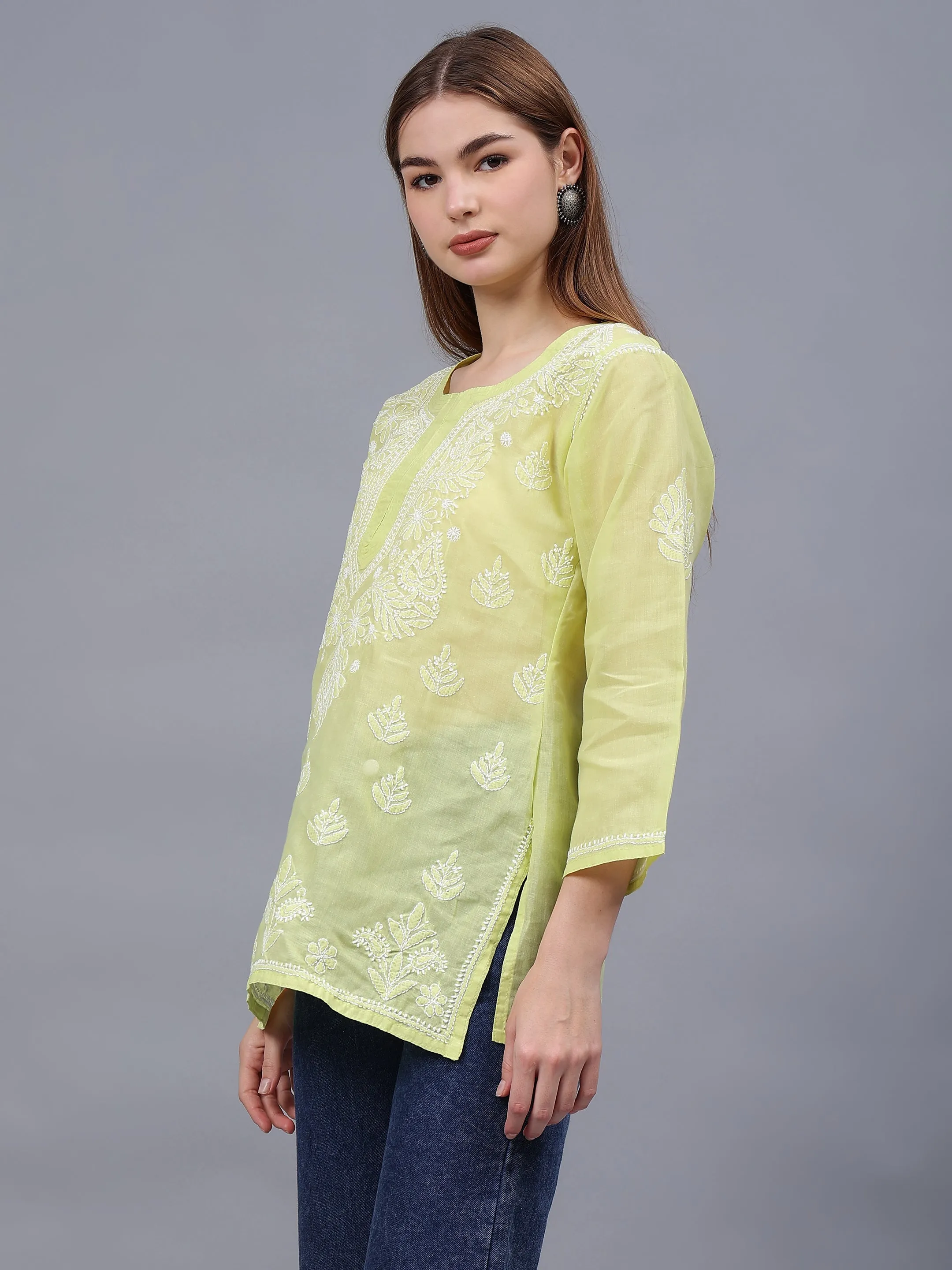 Light Green Terivoil Cotton Embroidered Chikankari Tunic