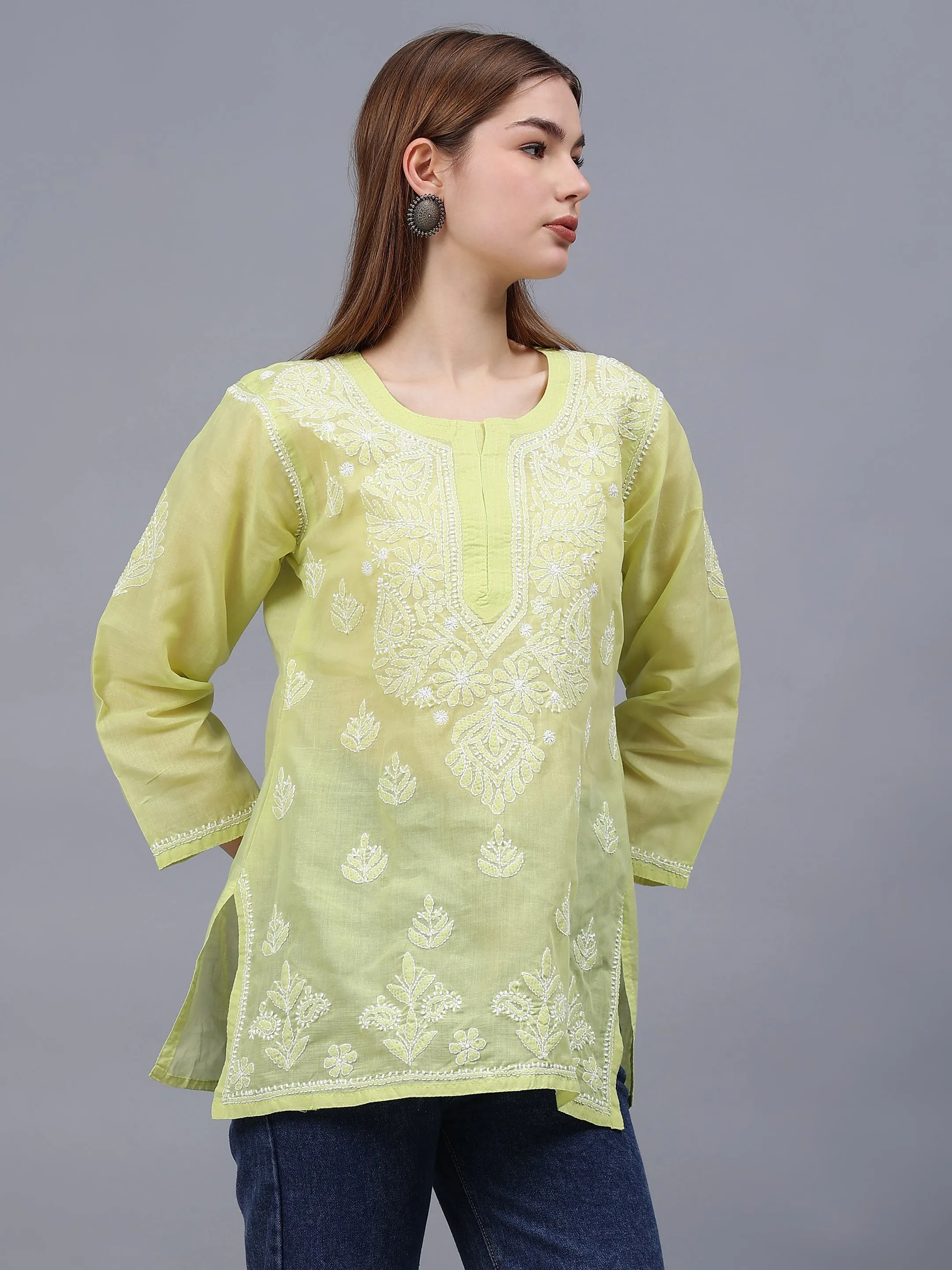 Light Green Terivoil Cotton Embroidered Chikankari Tunic