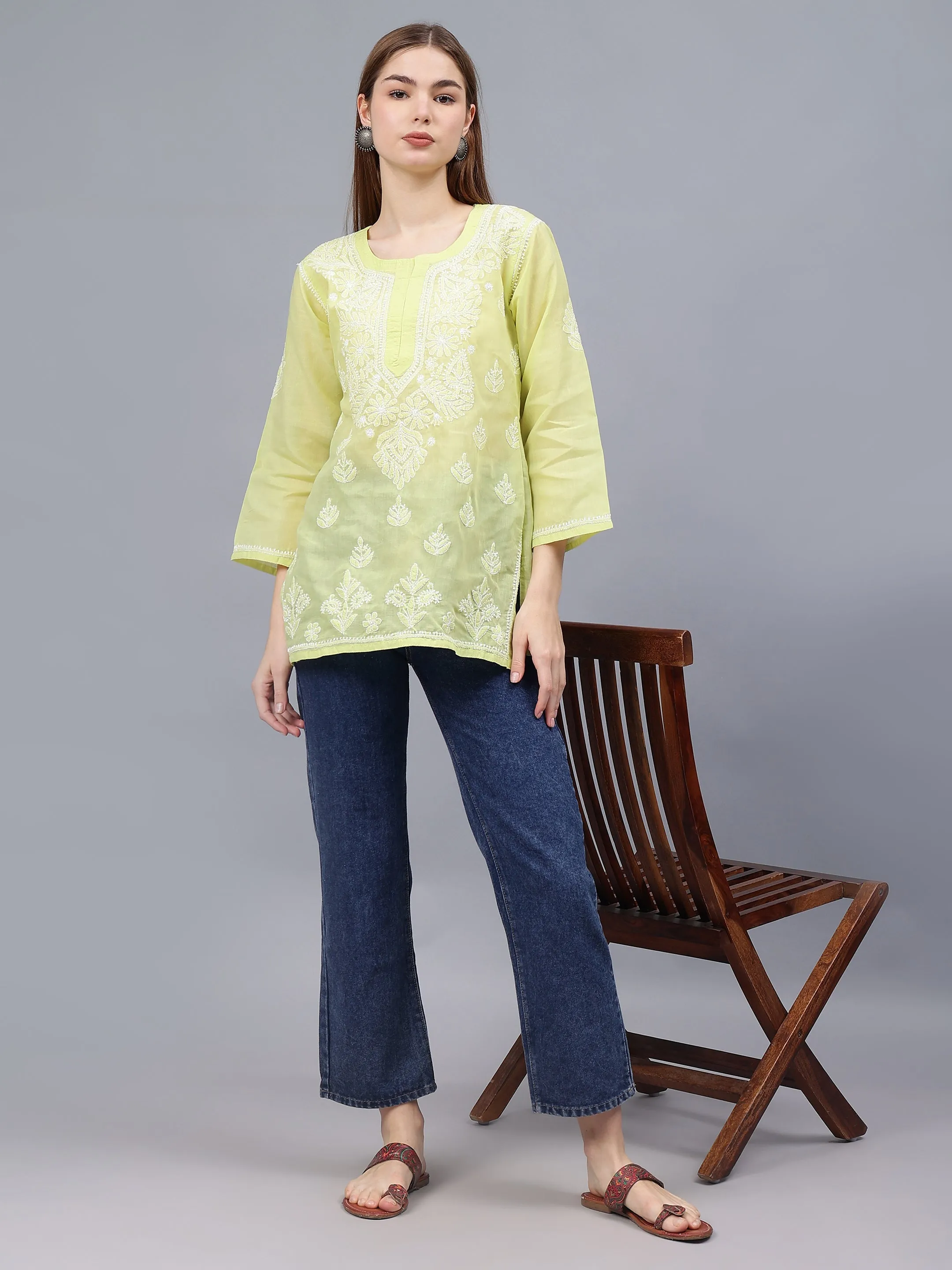 Light Green Terivoil Cotton Embroidered Chikankari Tunic
