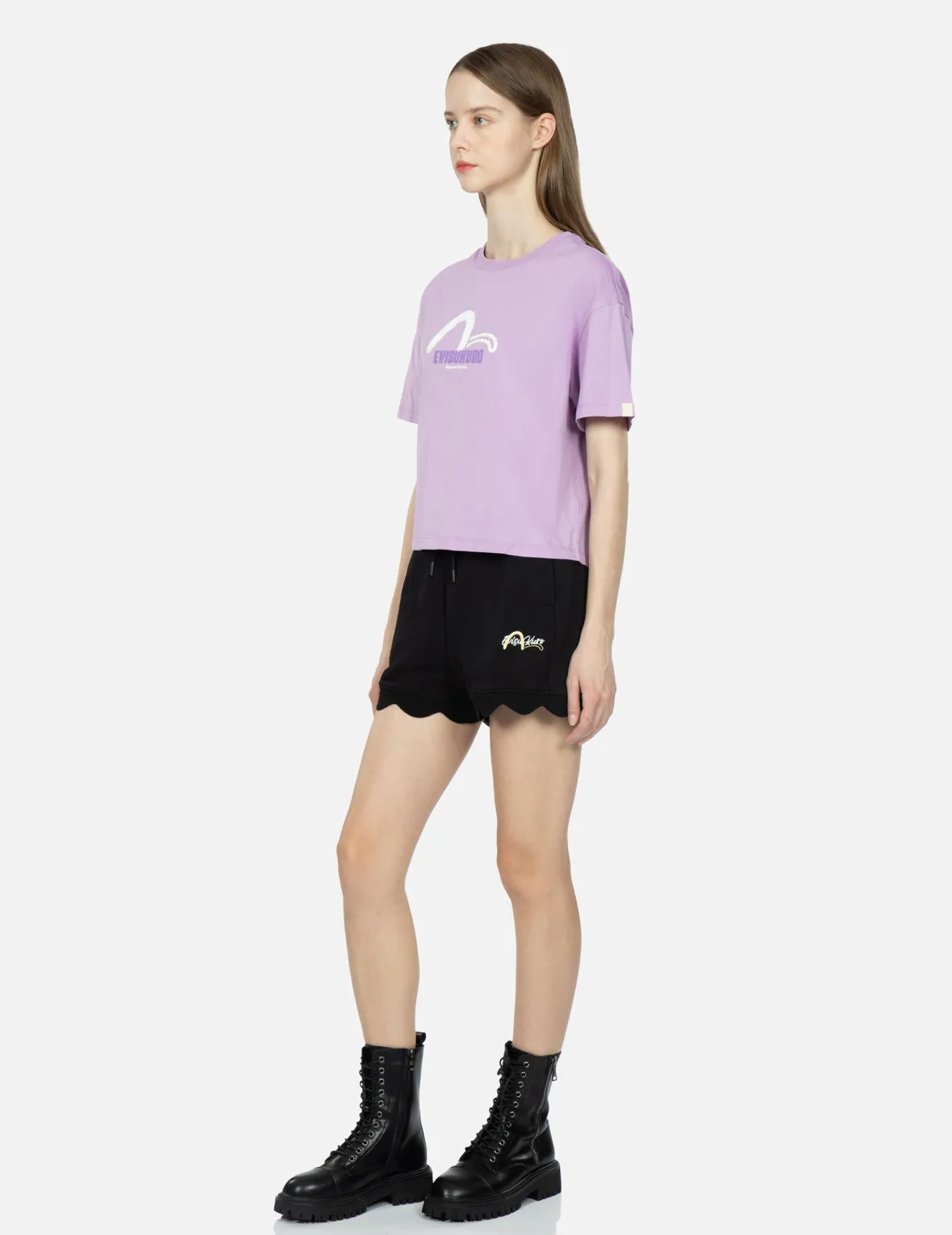 Logo and Seagull Embroidered Scallop Hem Sweatshorts