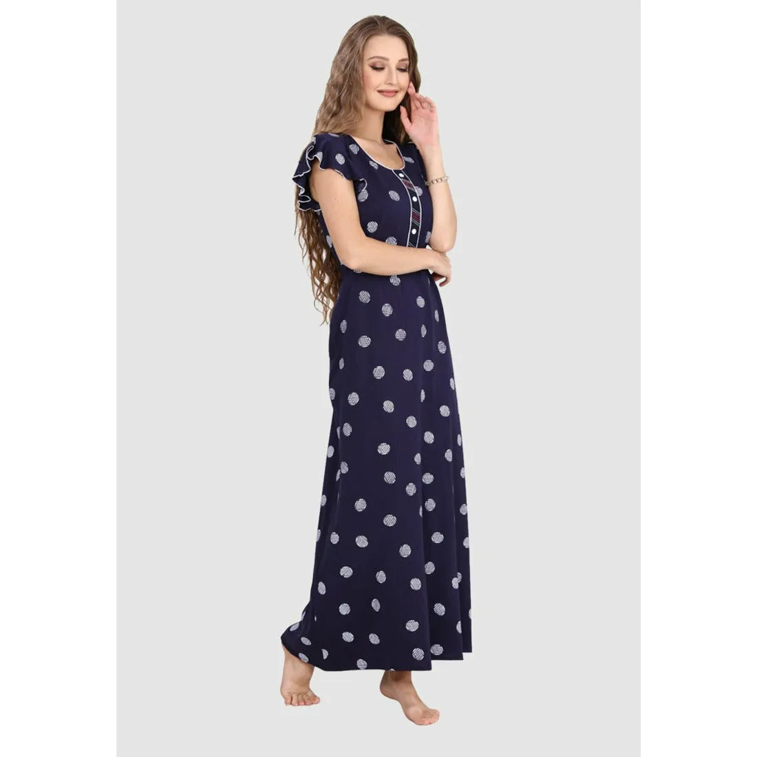 Long Cap Sleeeve Printed Pure Cotton Nighty