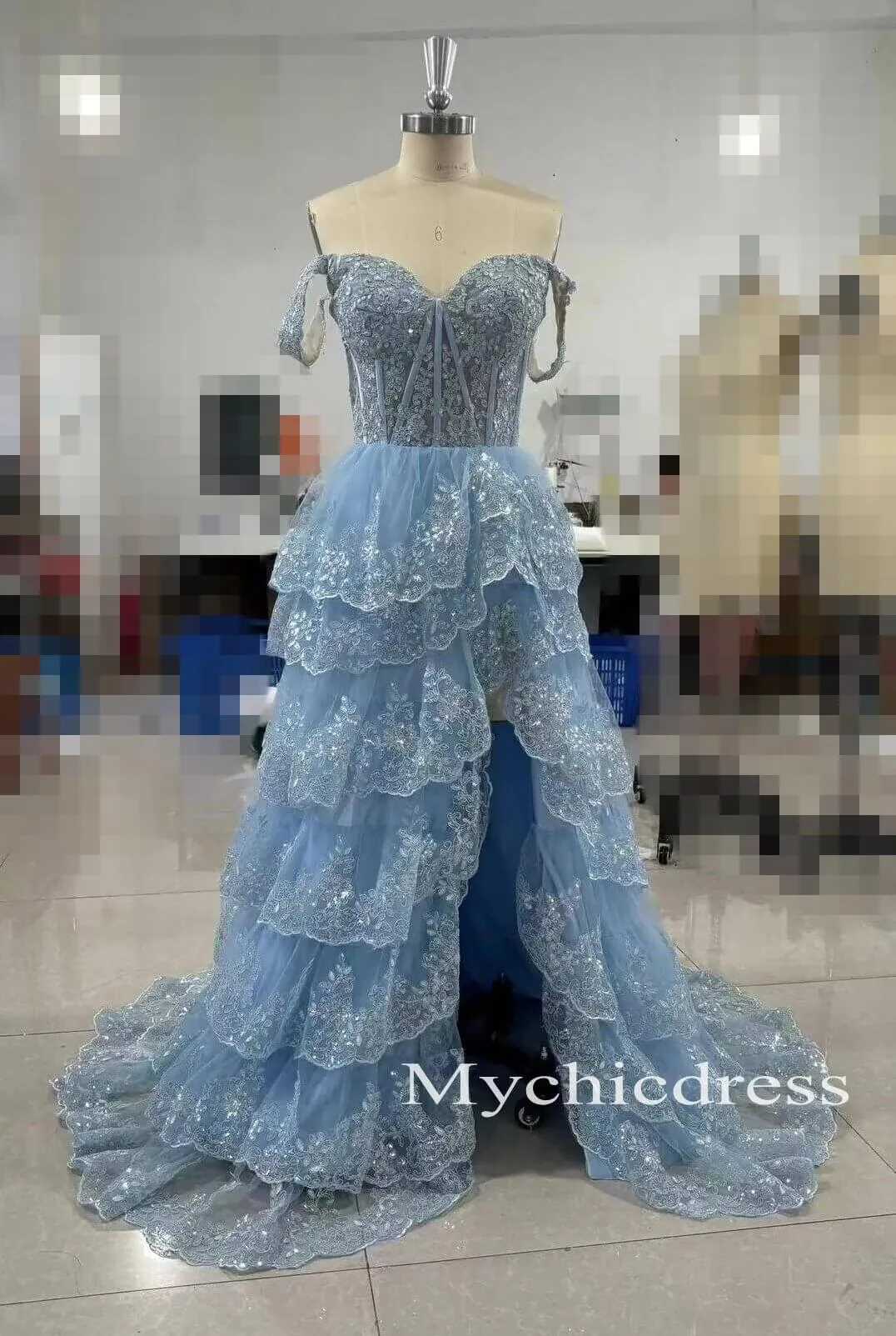 Long Lace Tiered Formal Dress Off the Shoulder Applique Sleeveless