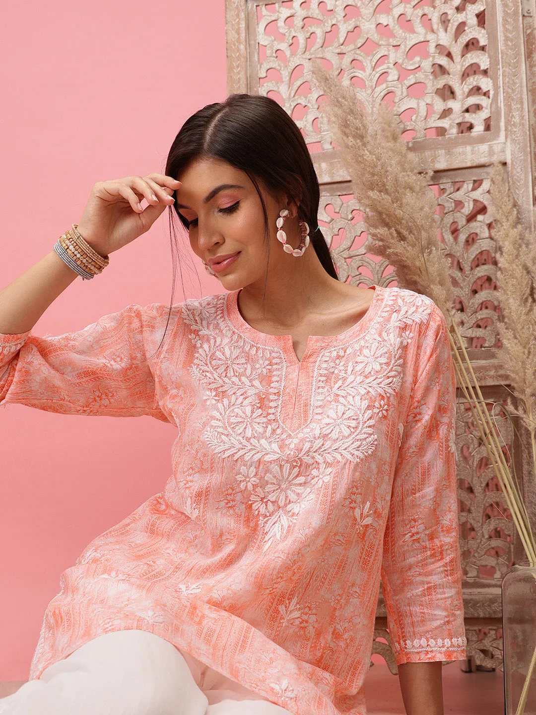 Peach & White Cotton Embroidered Chikankari Tunic