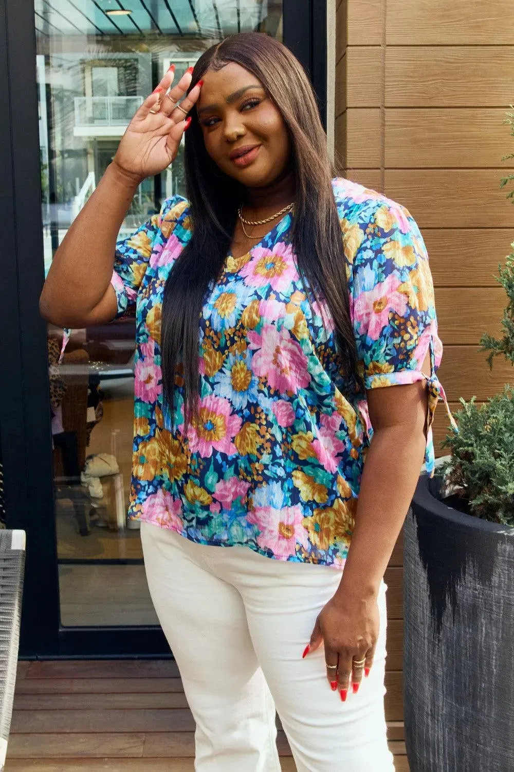 Petal Dew, Floral V-Neck Tie Detail Blouse