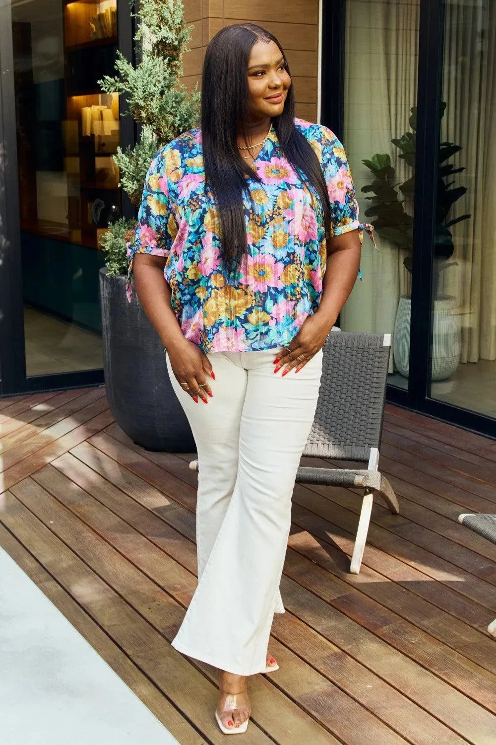 Petal Dew, Floral V-Neck Tie Detail Blouse